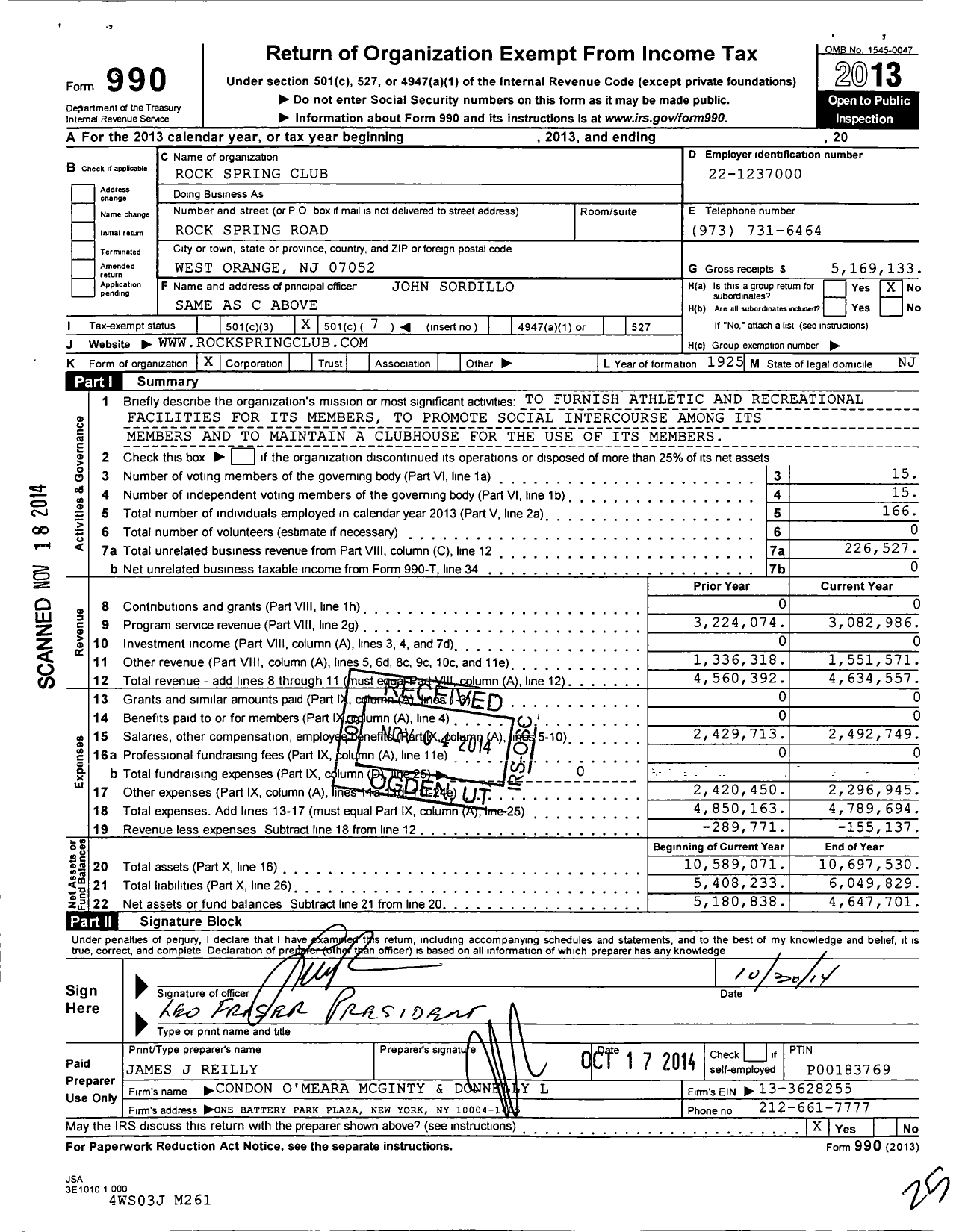 Image of first page of 2013 Form 990O for Rock Spring Club