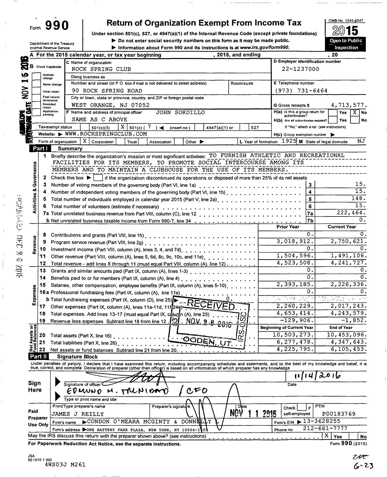 Image of first page of 2015 Form 990O for Rock Spring Club