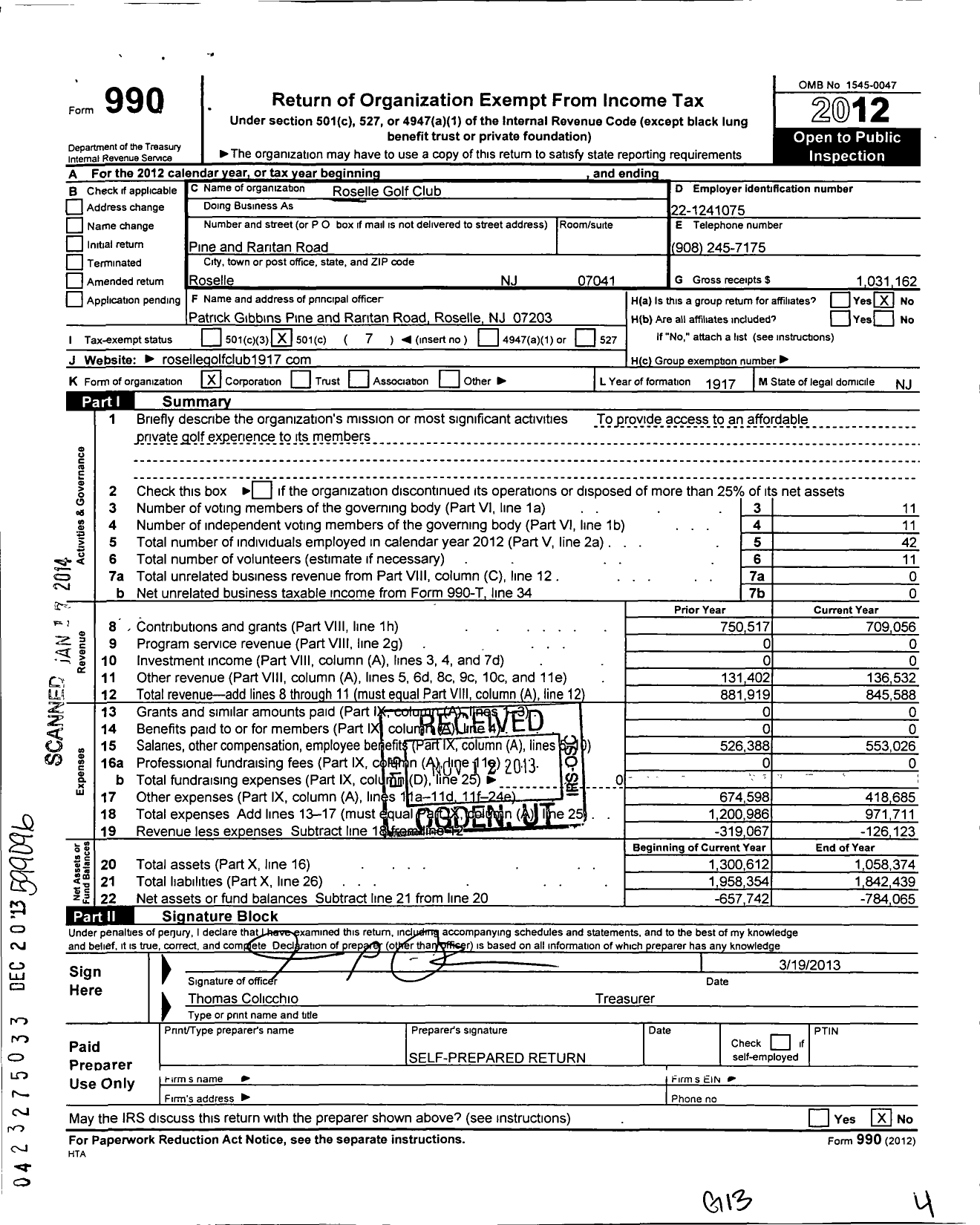 Image of first page of 2012 Form 990O for Roselle Golf Club