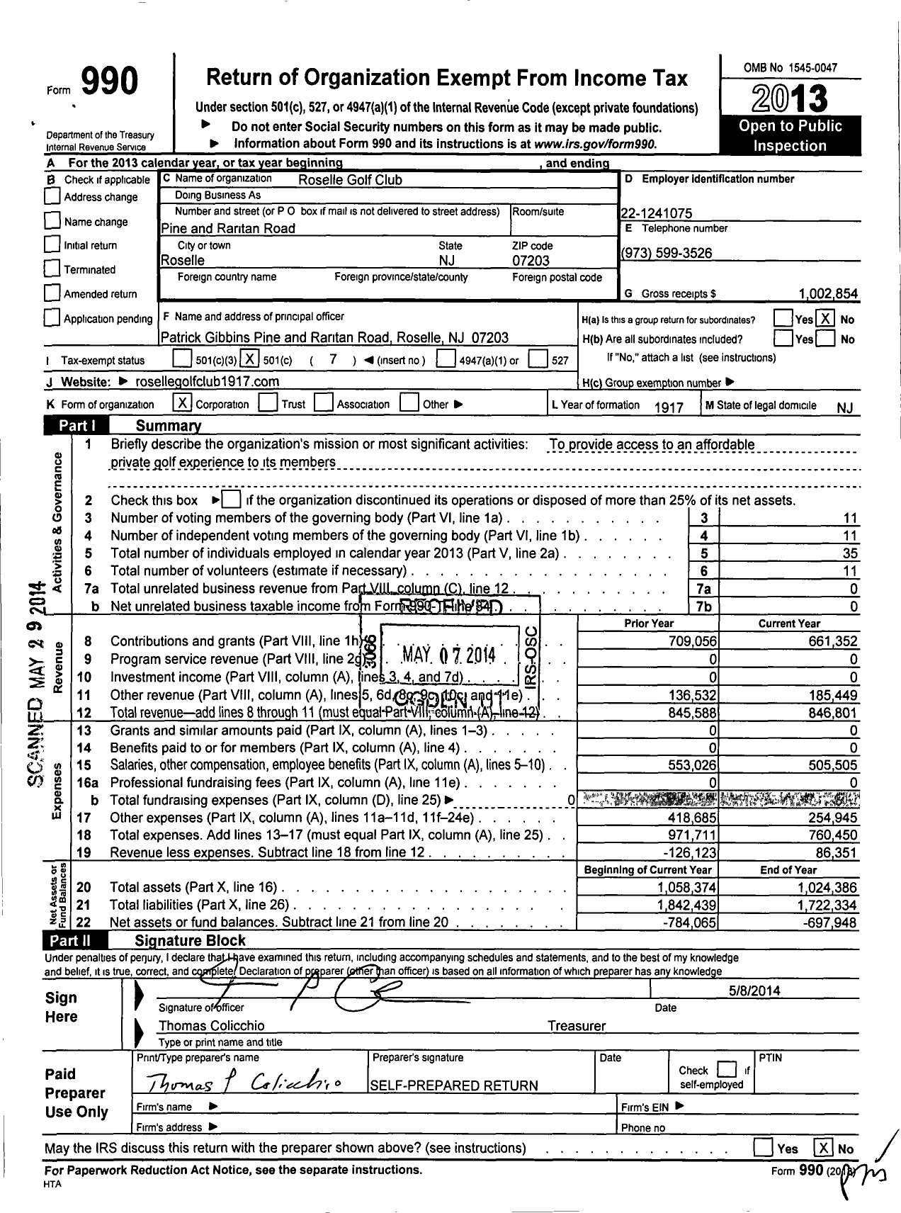 Image of first page of 2013 Form 990O for Roselle Golf Club