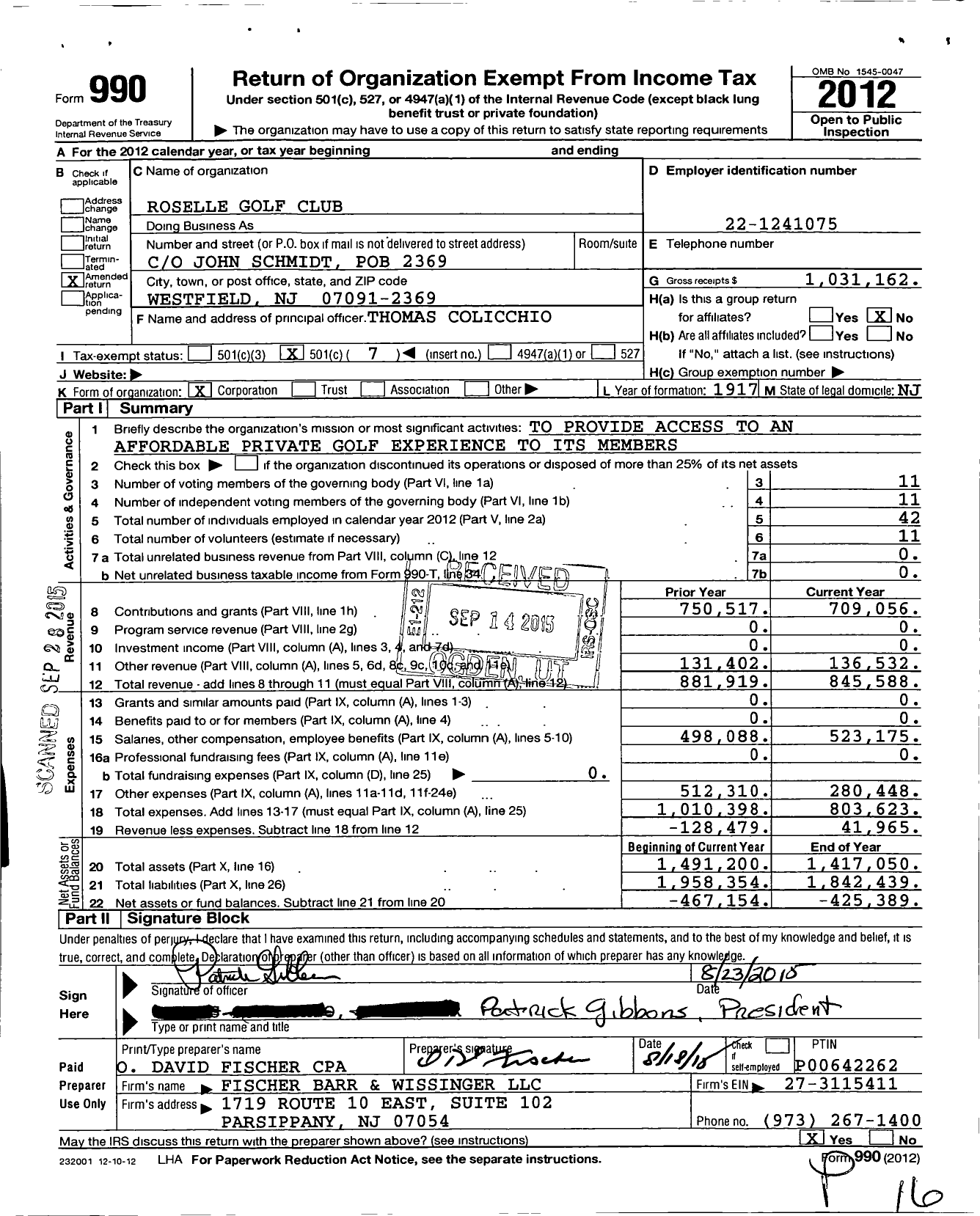 Image of first page of 2012 Form 990O for Roselle Golf Club