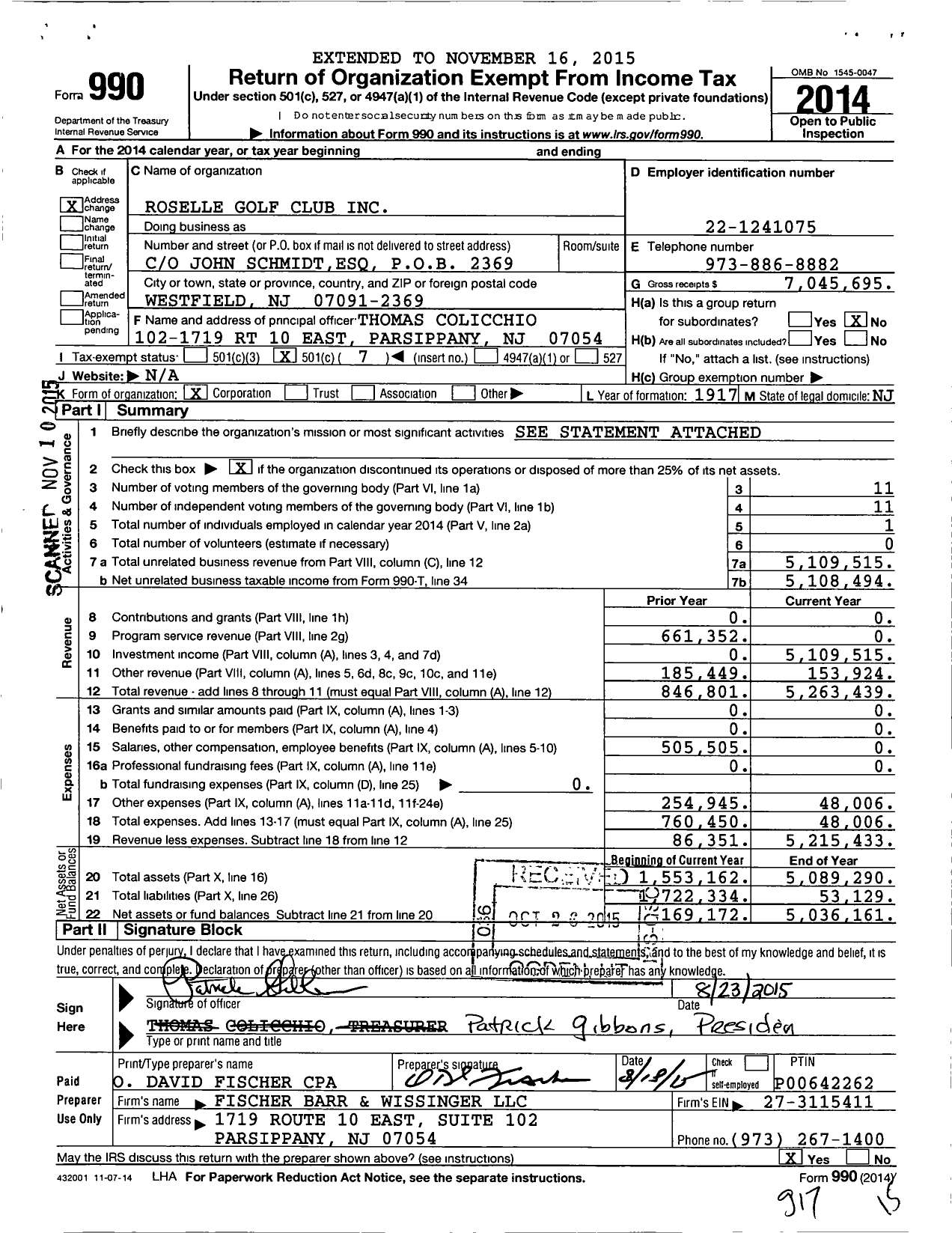 Image of first page of 2014 Form 990O for Roselle Golf Club