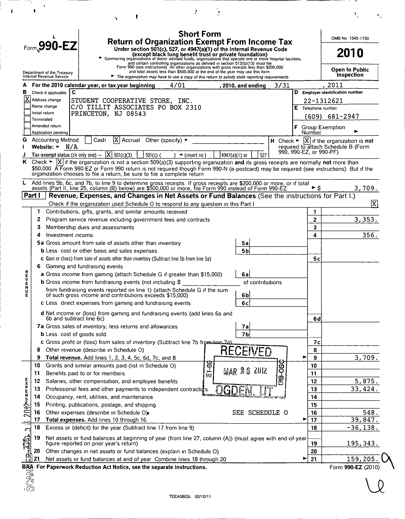 Image of first page of 2010 Form 990EZ for Student Cooperative Store