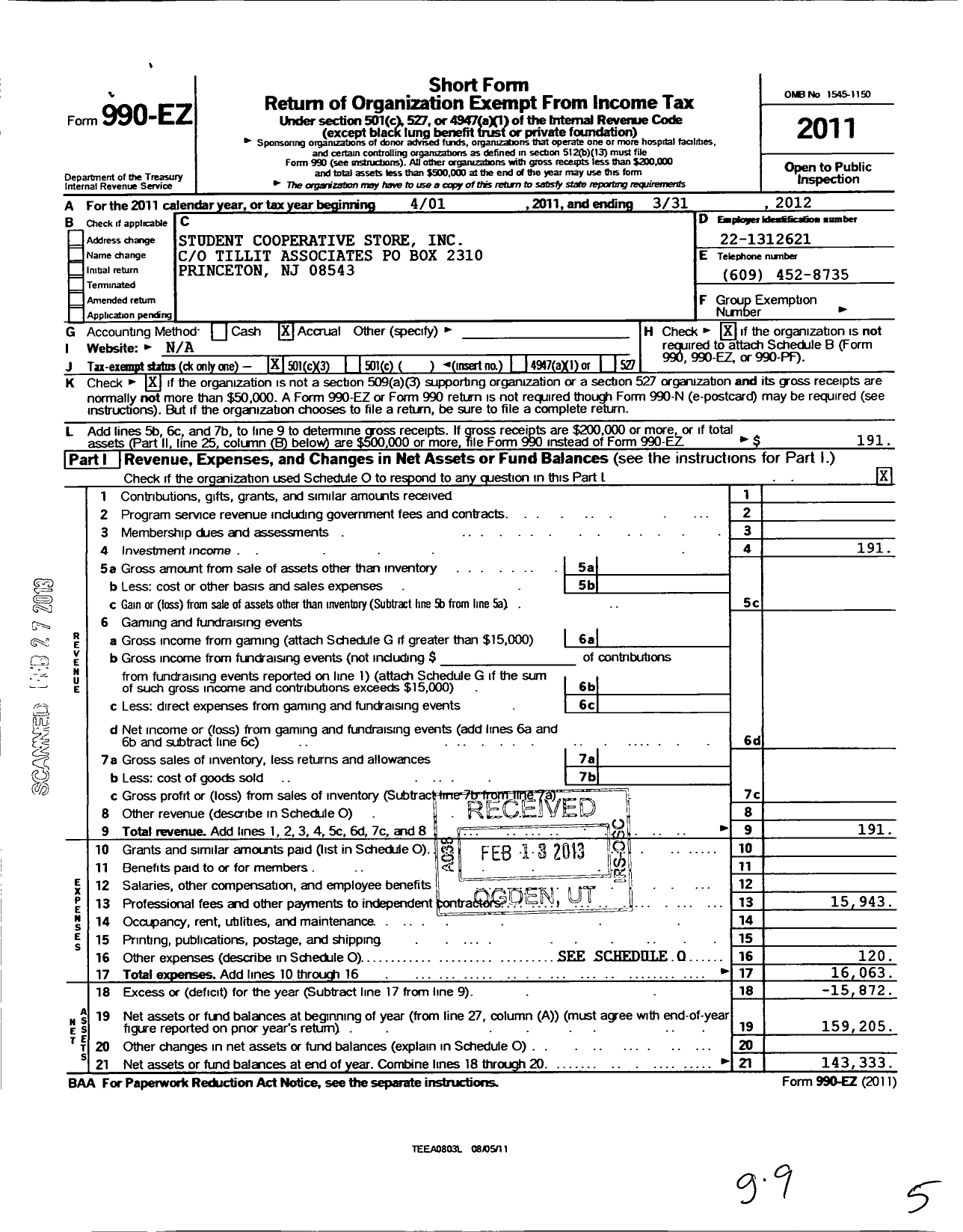 Image of first page of 2011 Form 990EZ for Student Cooperative Store