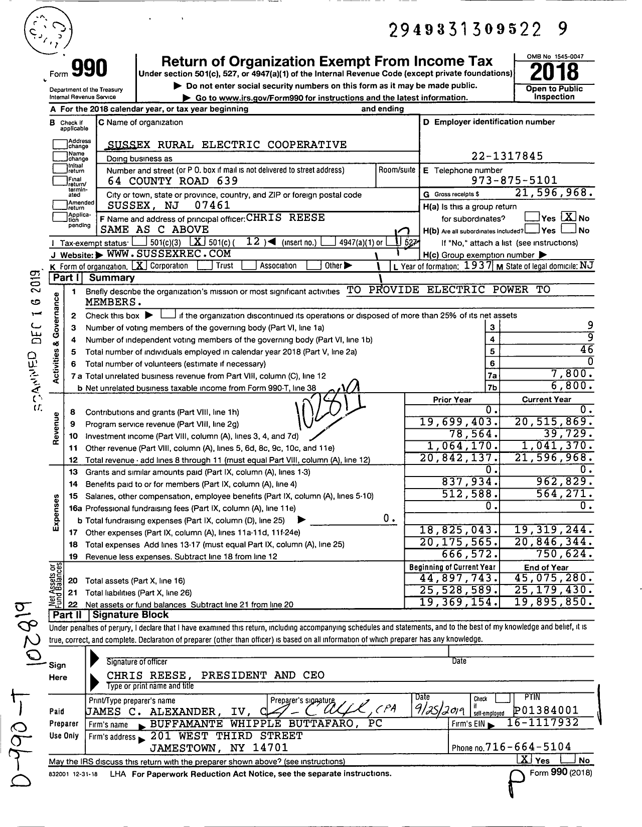 Image of first page of 2018 Form 990O for Sussex Rural Electric Cooperative