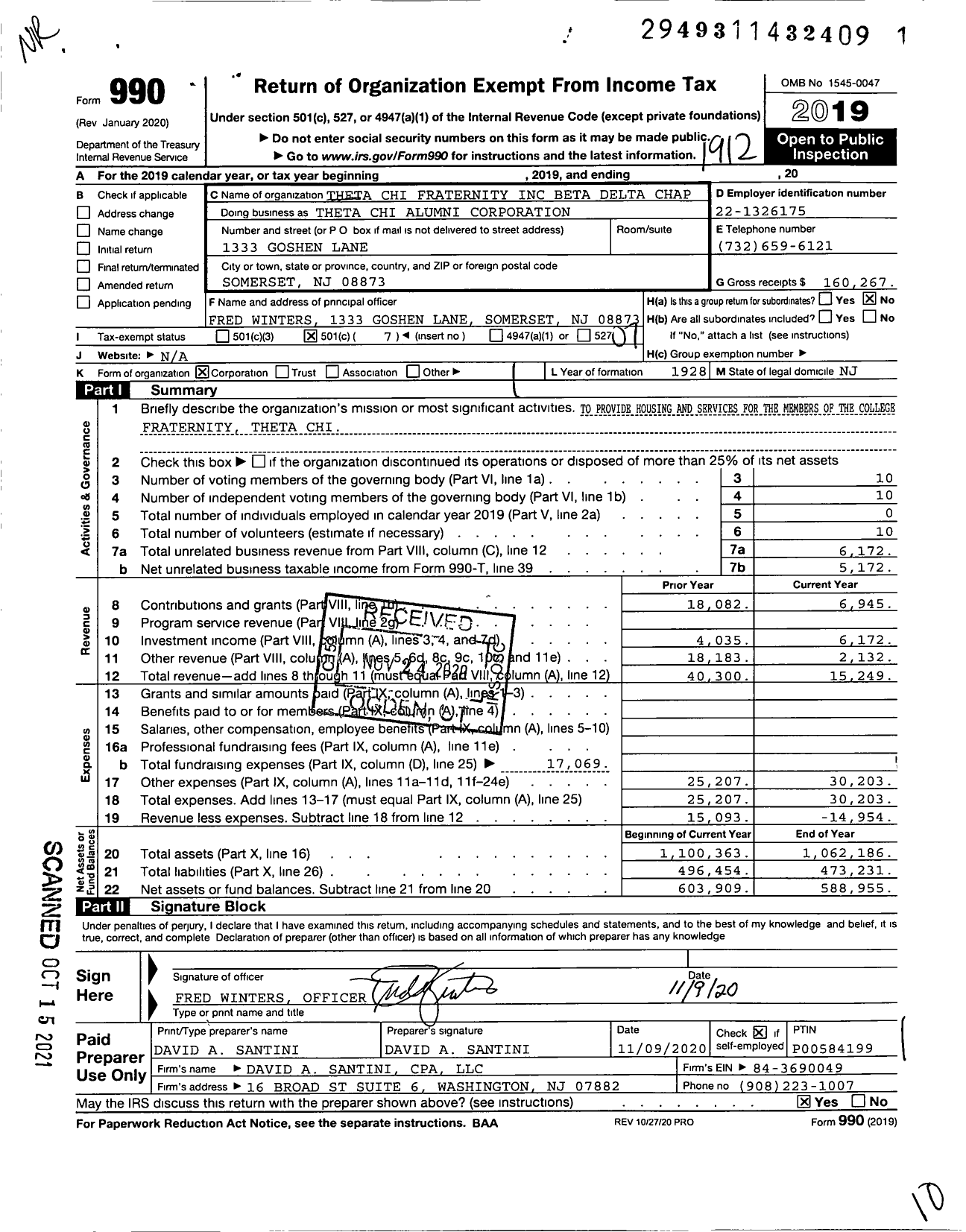 Image of first page of 2019 Form 990O for Theta Chi Alumni Corporation / Theta Chi Fraternity Inc Beta Delta Chap