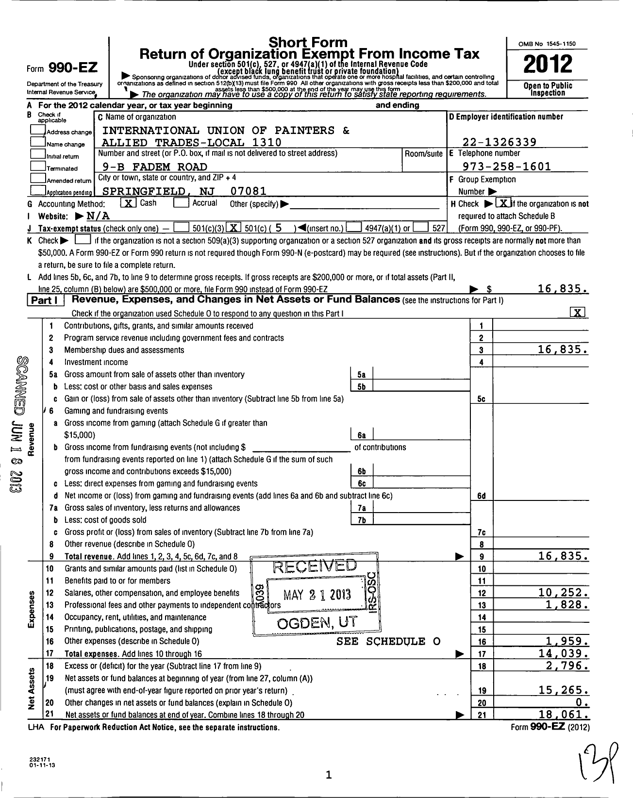 Image of first page of 2012 Form 990EO for International Union of Painters and Allied Trades - 1310 Paint Chemical Clerical Wareho