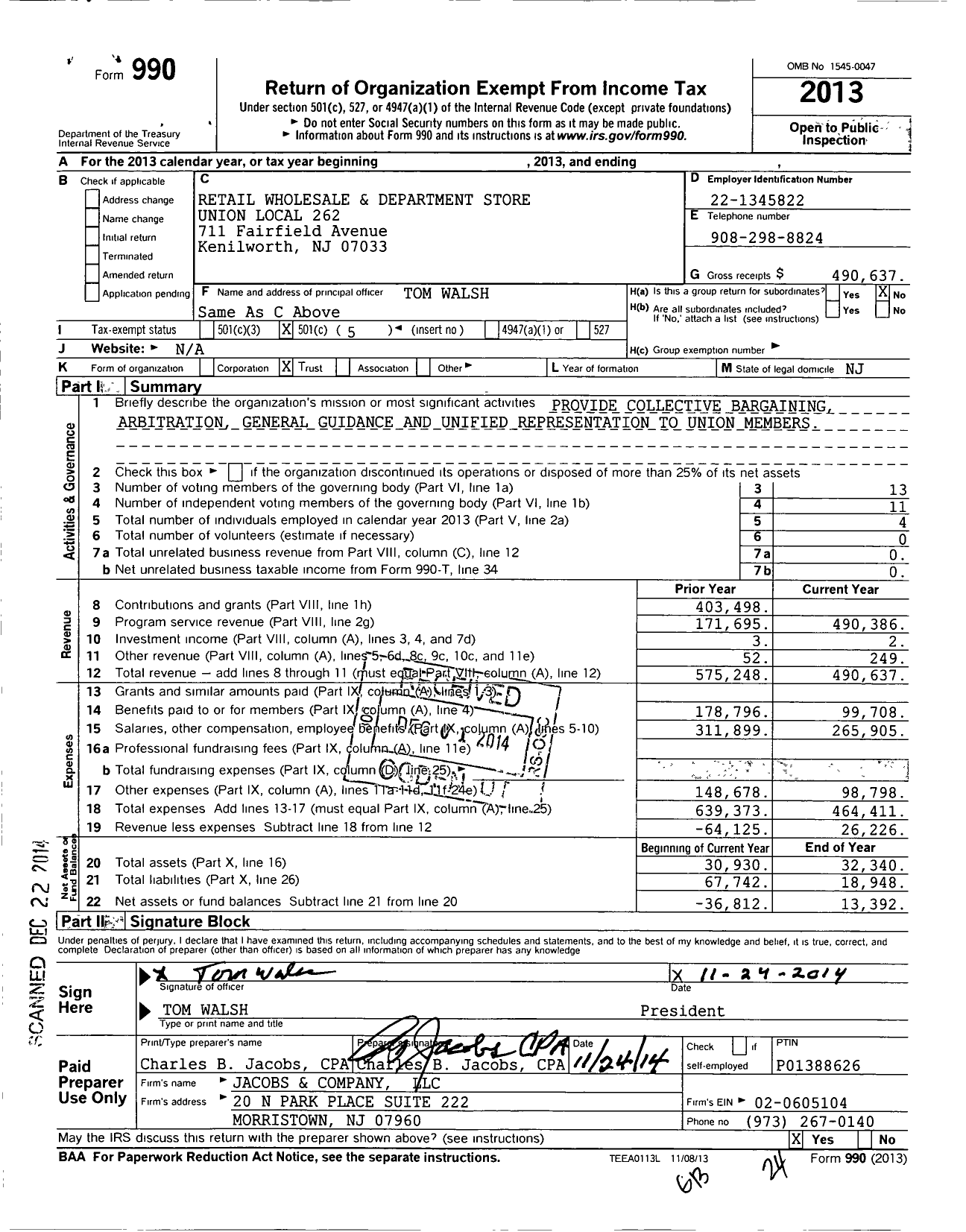 Image of first page of 2013 Form 990O for Retail Wholesale and Department Store Union - Local 262