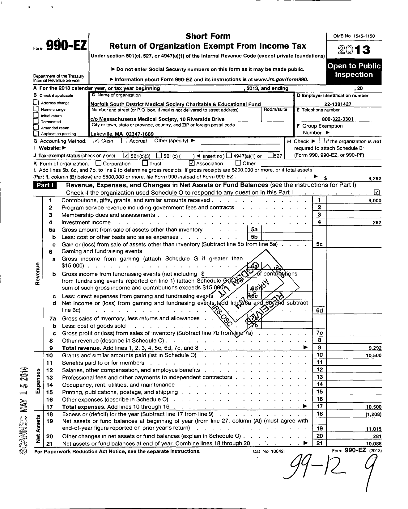 Image of first page of 2013 Form 990EZ for Norfolk South District Medical Society Charitable and Educationa