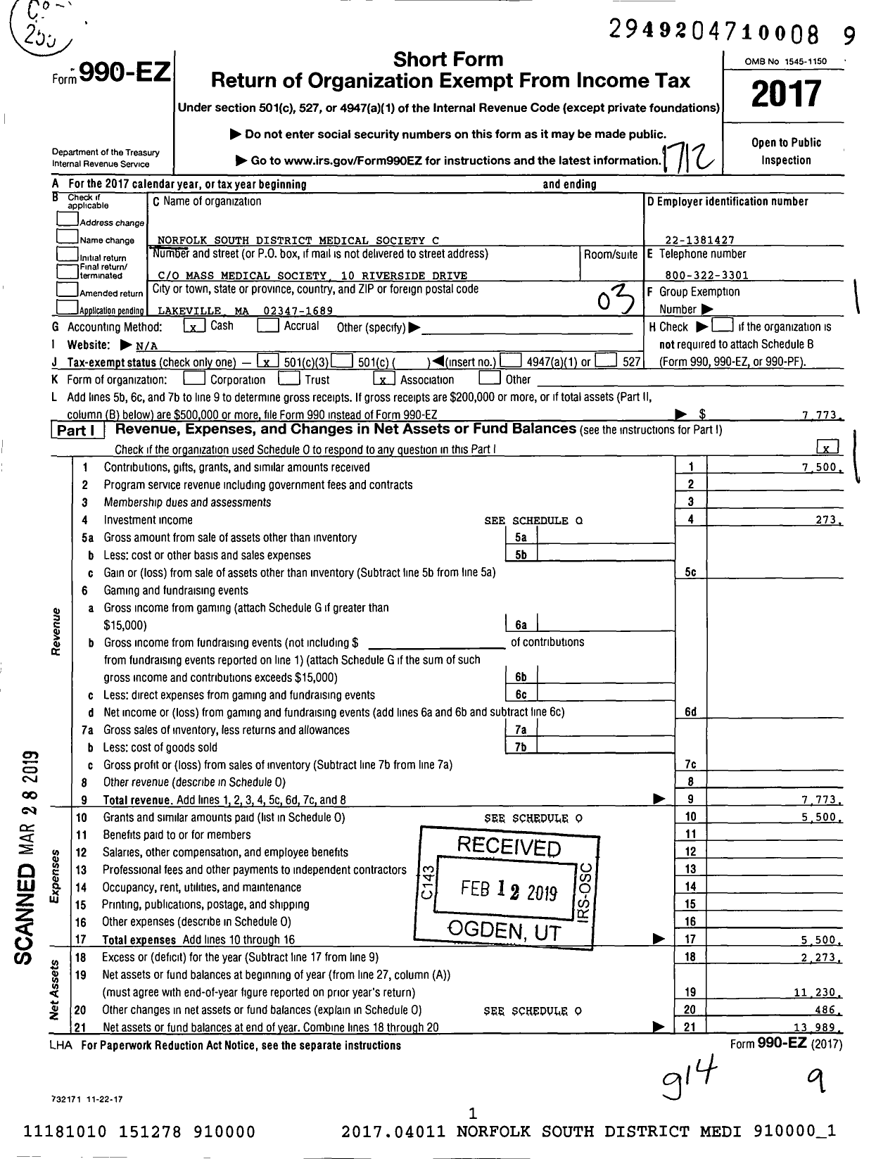 Image of first page of 2017 Form 990EZ for Norfolk South District Medical Society Charitable and Educationa