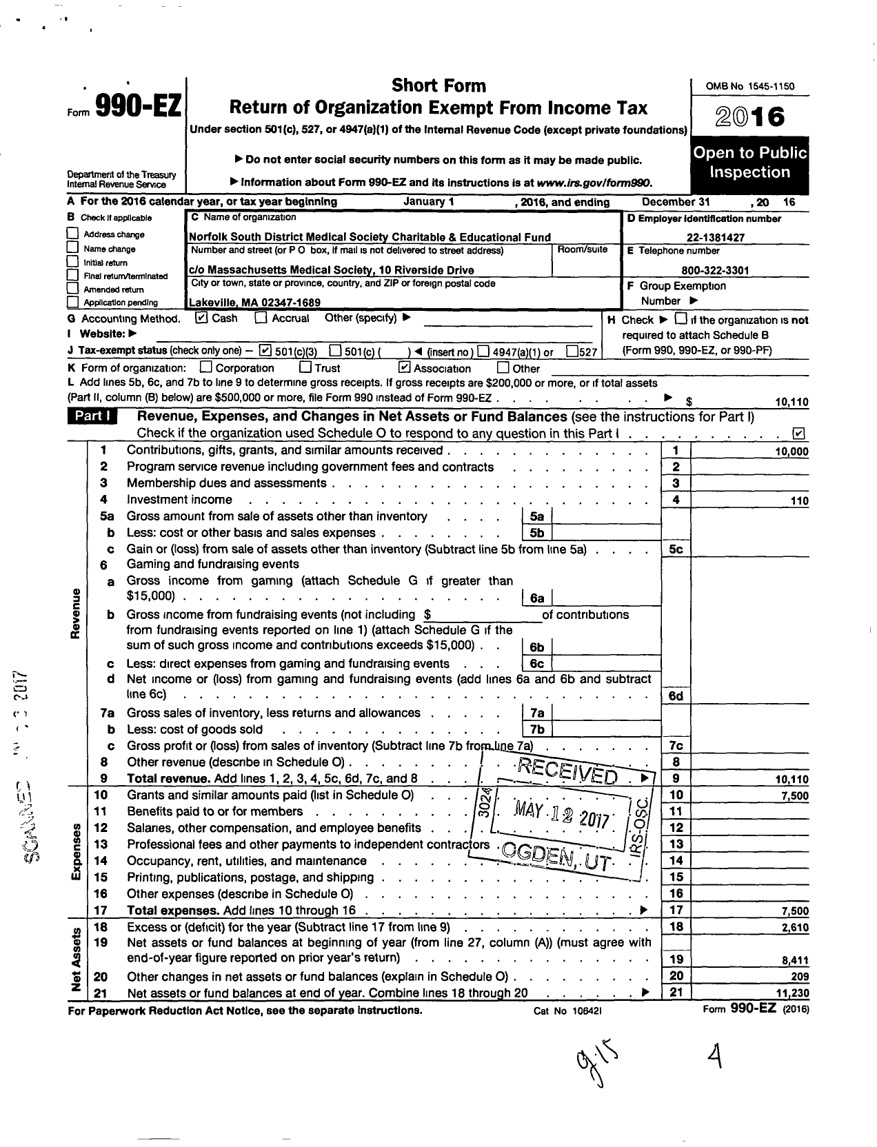 Image of first page of 2016 Form 990EZ for Norfolk South District Medical Society Charitable and Educationa