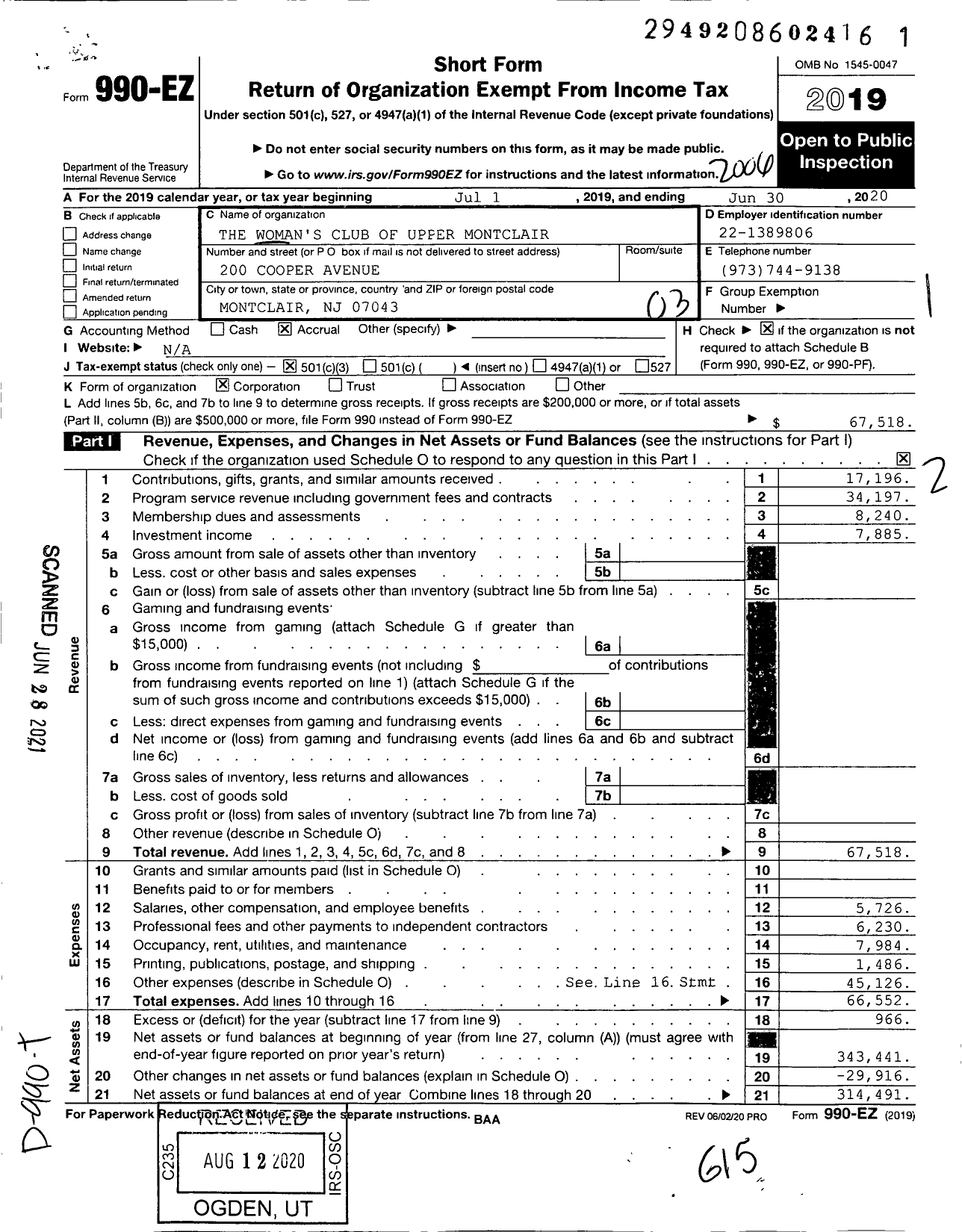 Image of first page of 2019 Form 990EZ for New Jersey State Federation of Women's Clubs - Womans Club of Upper Montclair