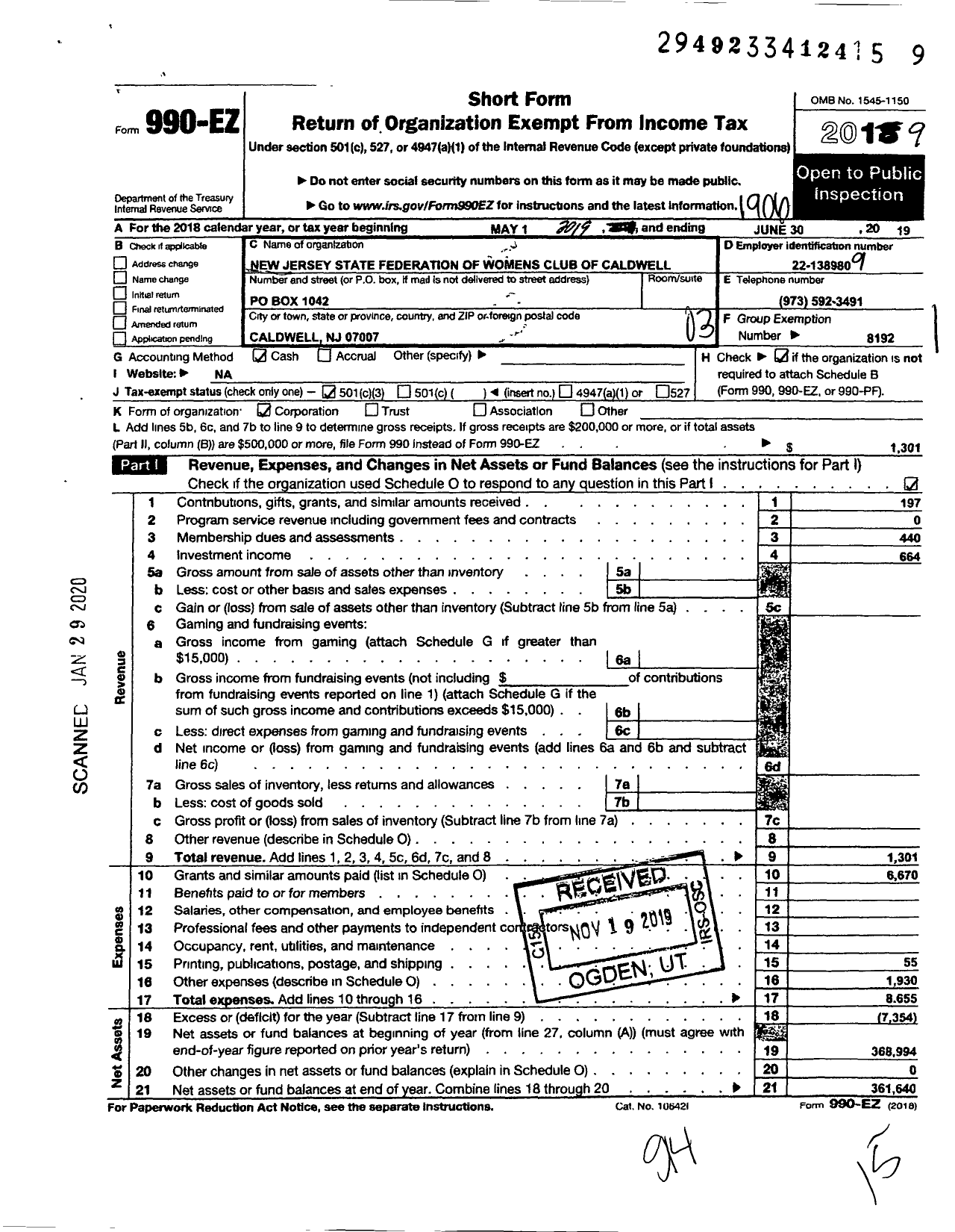 Image of first page of 2018 Form 990EZ for New Jersey State Federation of Women's Clubs - Womans Club of Caldwell