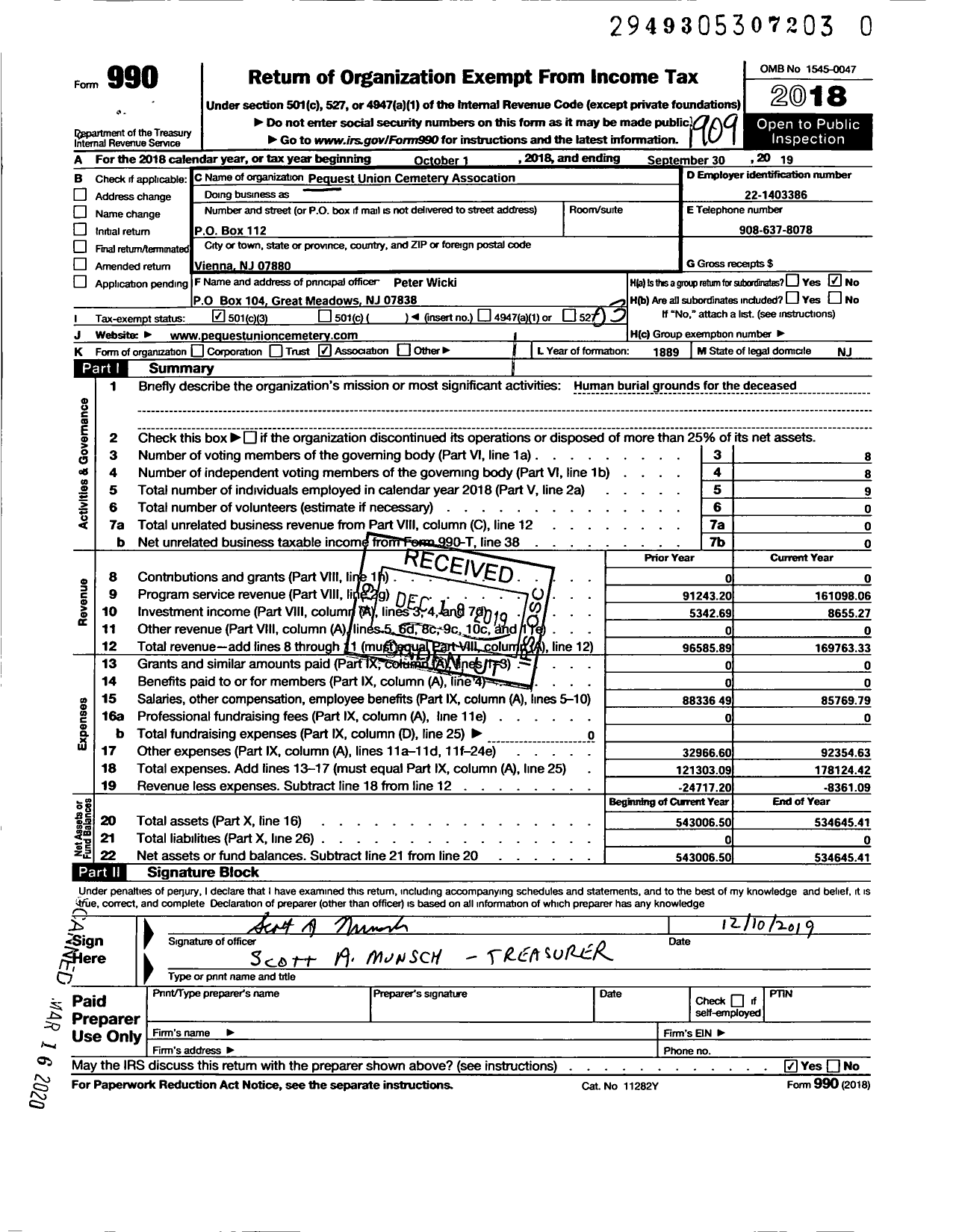 Image of first page of 2018 Form 990 for Pequest Union Cemetery Association