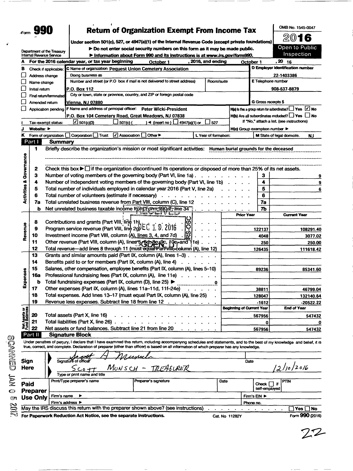 Image of first page of 2015 Form 990 for Pequest Union Cemetery Association