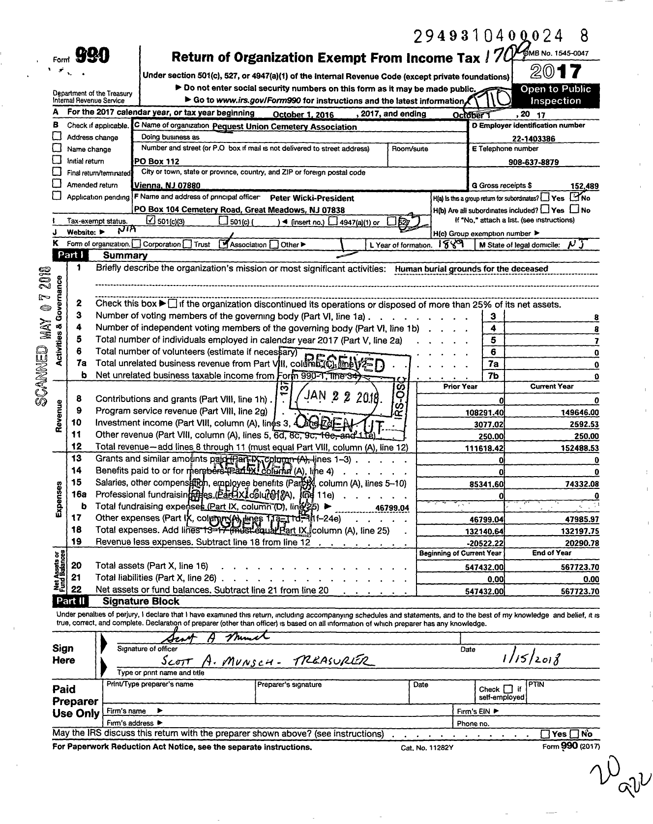 Image of first page of 2016 Form 990 for Pequest Union Cemetery Association