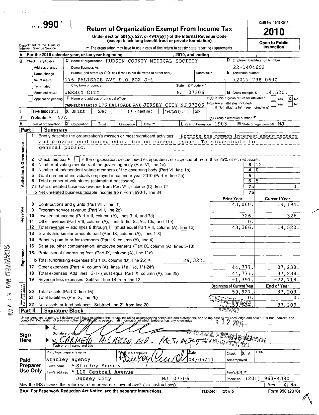 Image of first page of 2010 Form 990 for Hudson County Medical Society