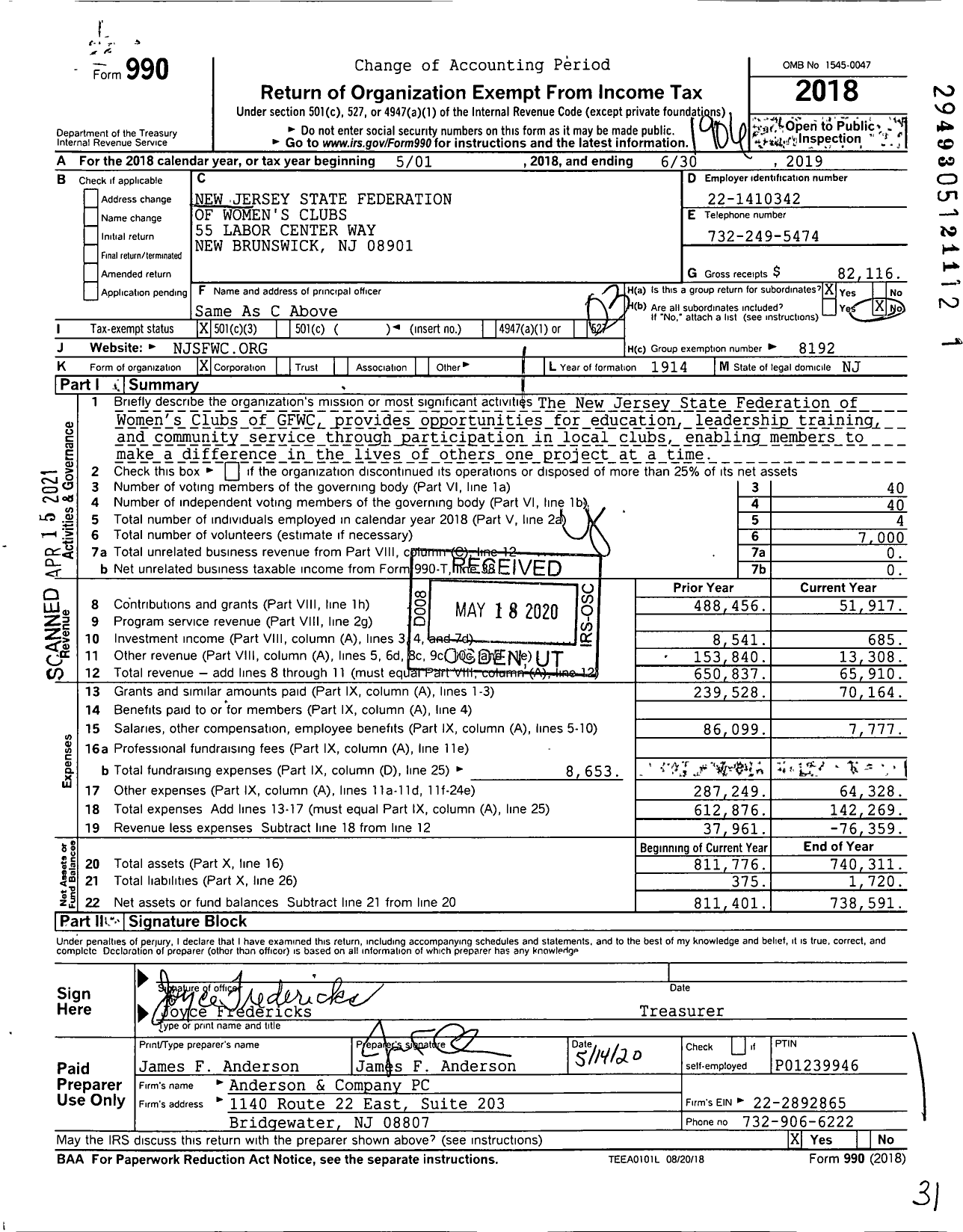 Image of first page of 2018 Form 990 for New Jersey State Federation of Womens Clubs