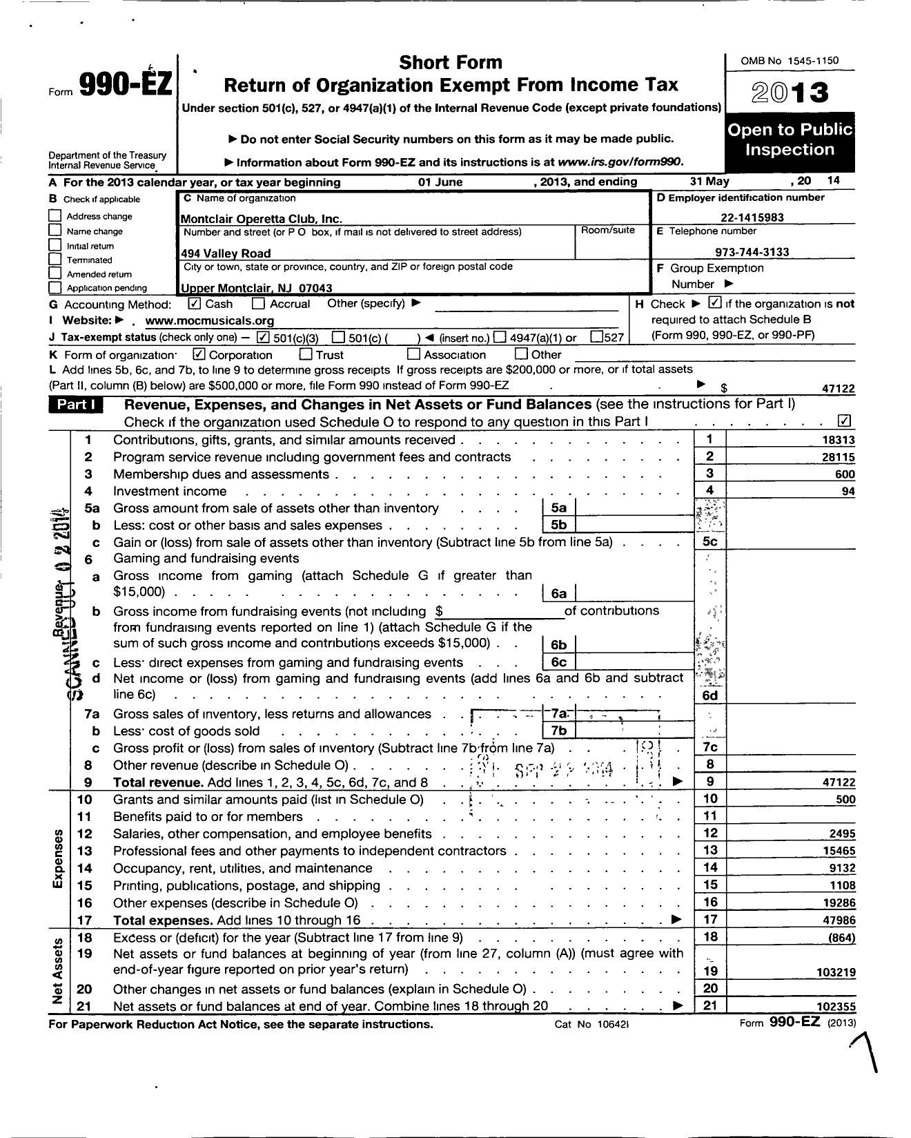 Image of first page of 2013 Form 990EZ for Montclair Operetta Club