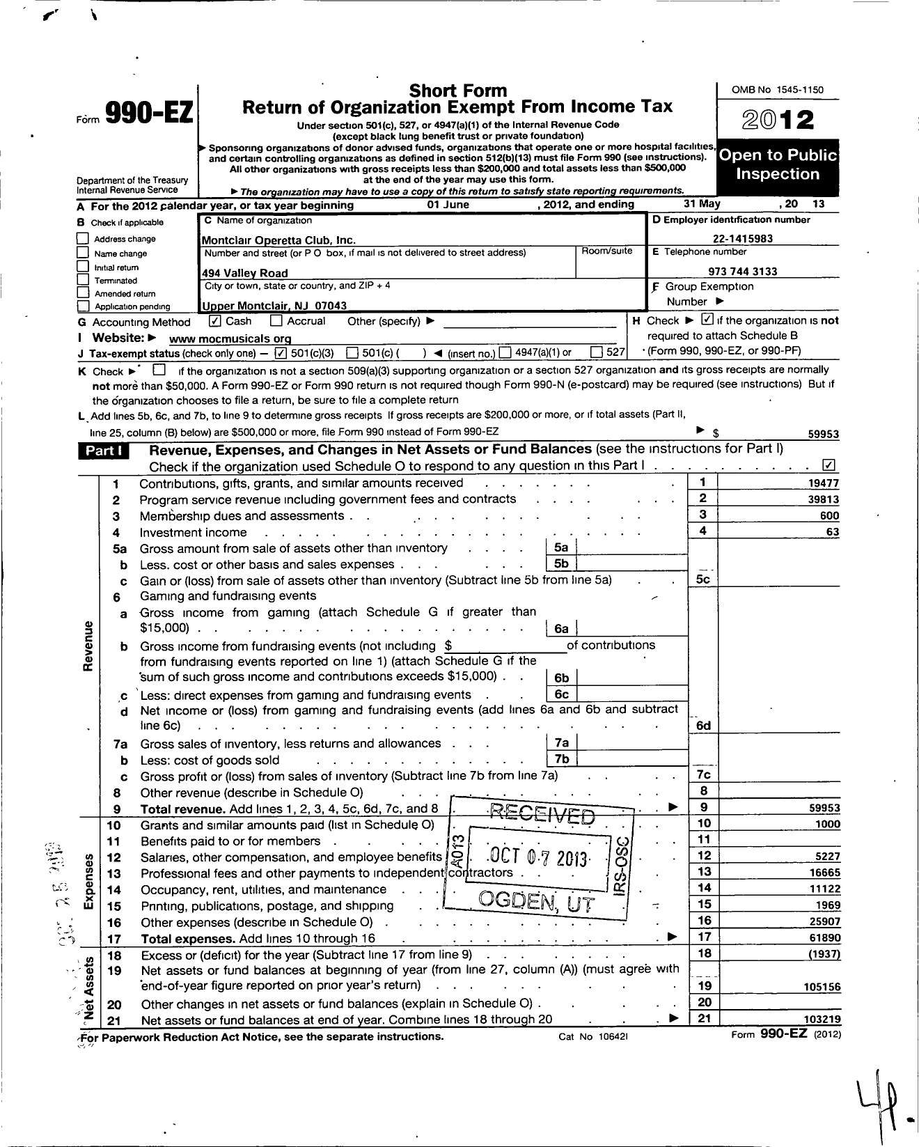 Image of first page of 2012 Form 990EZ for Montclair Operetta Club