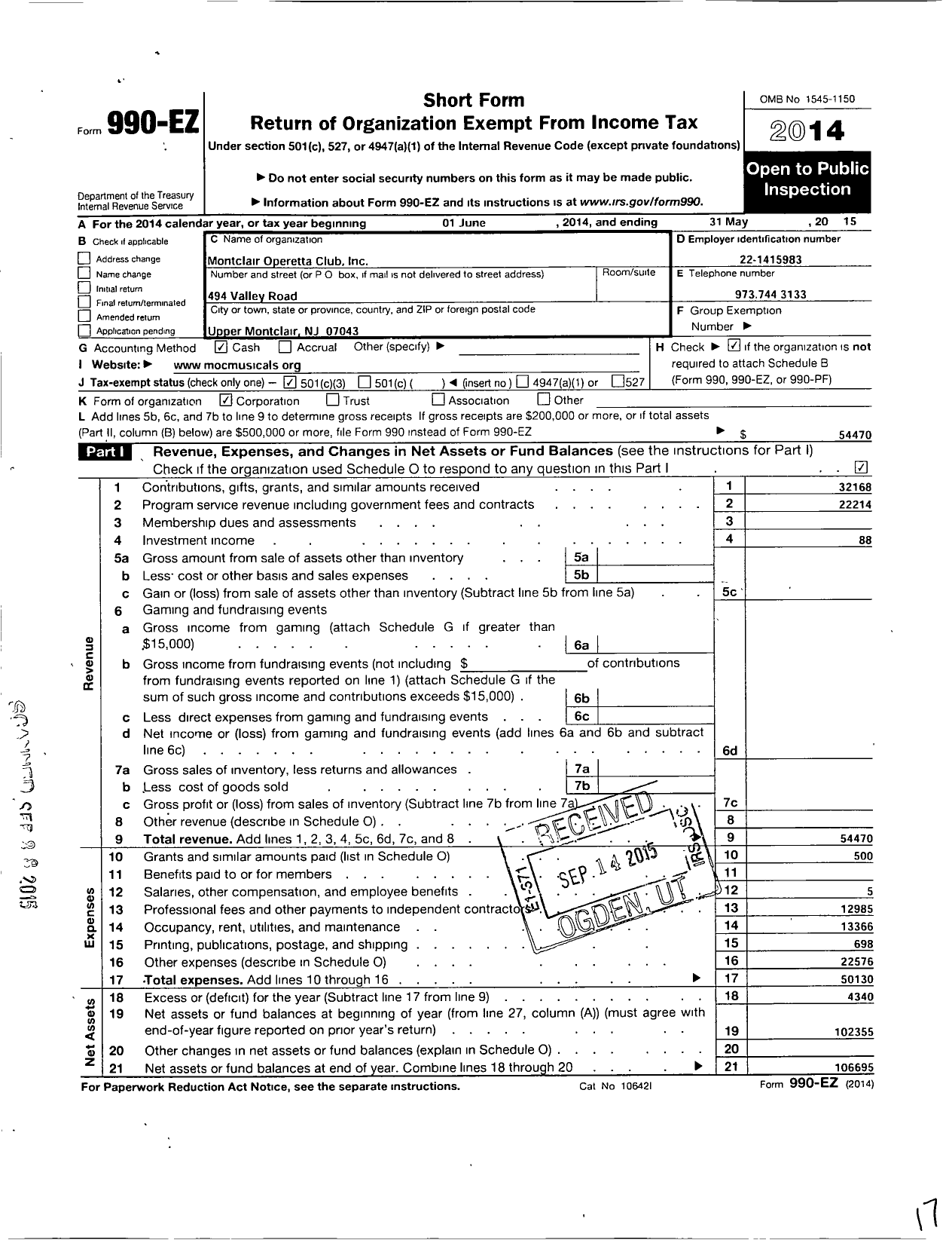 Image of first page of 2014 Form 990EZ for Montclair Operetta Club