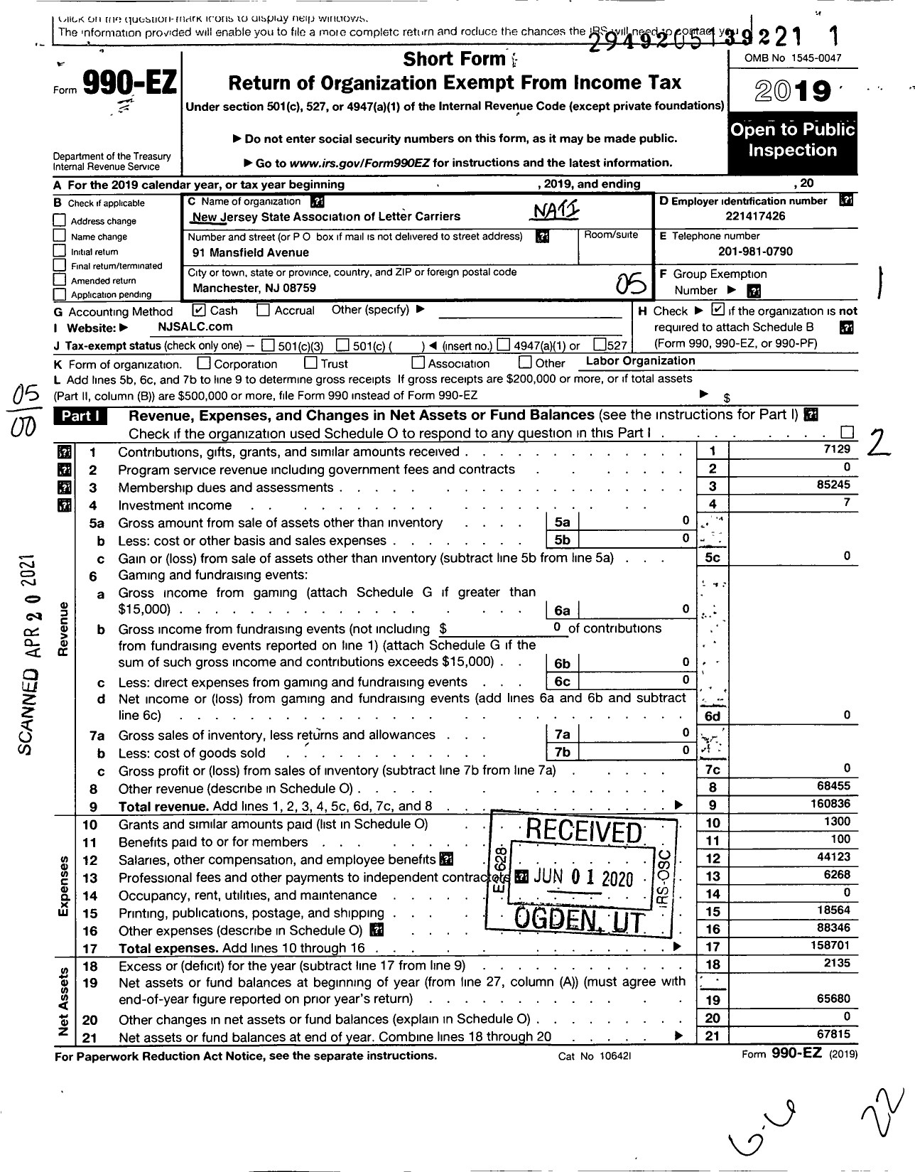 Image of first page of 2019 Form 990EO for NATIONAL ASSOCIATION OF LETTER Carriers - New Jersey State