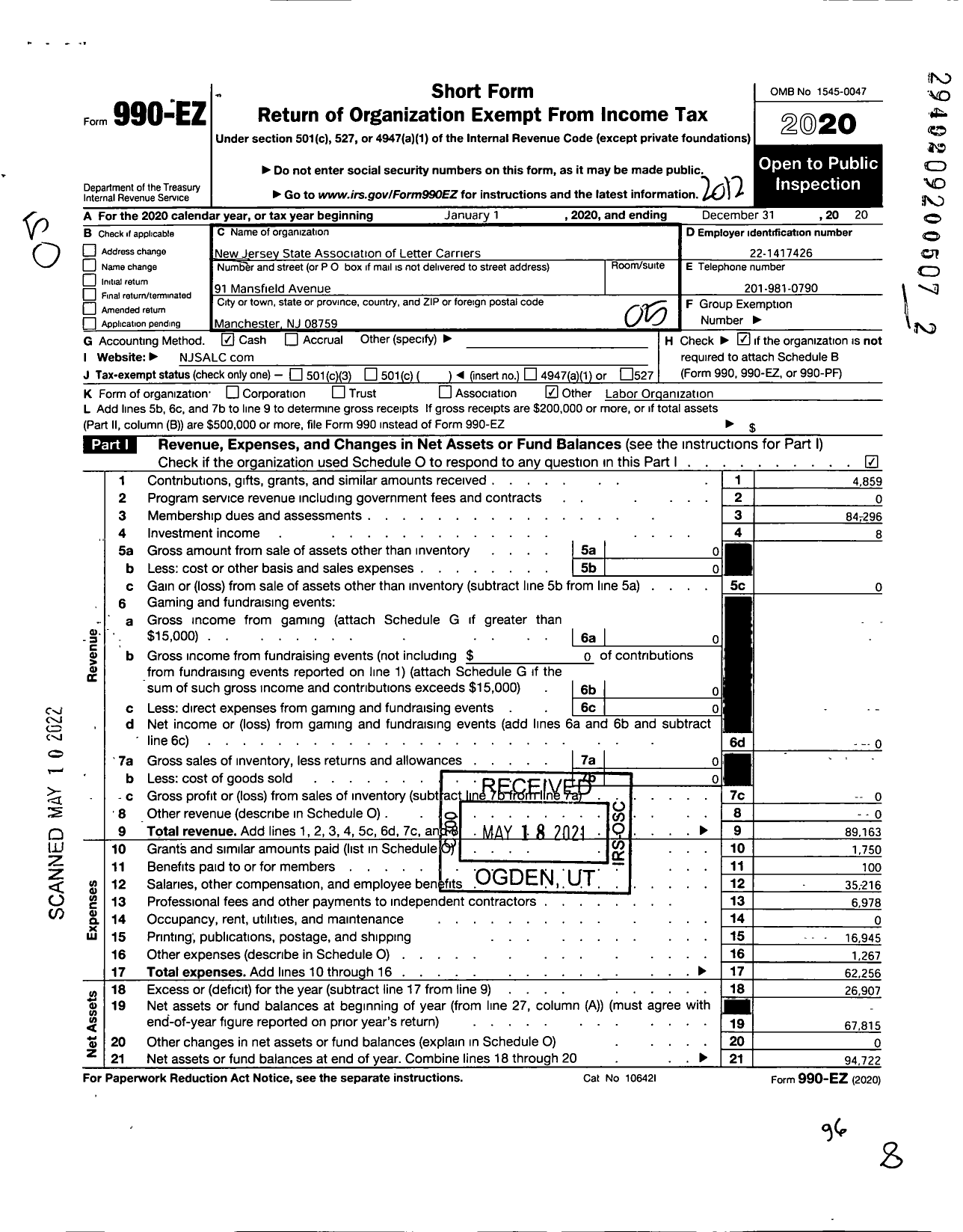 Image of first page of 2020 Form 990EO for NATIONAL Association OF LETTER Carriers - New Jersey State