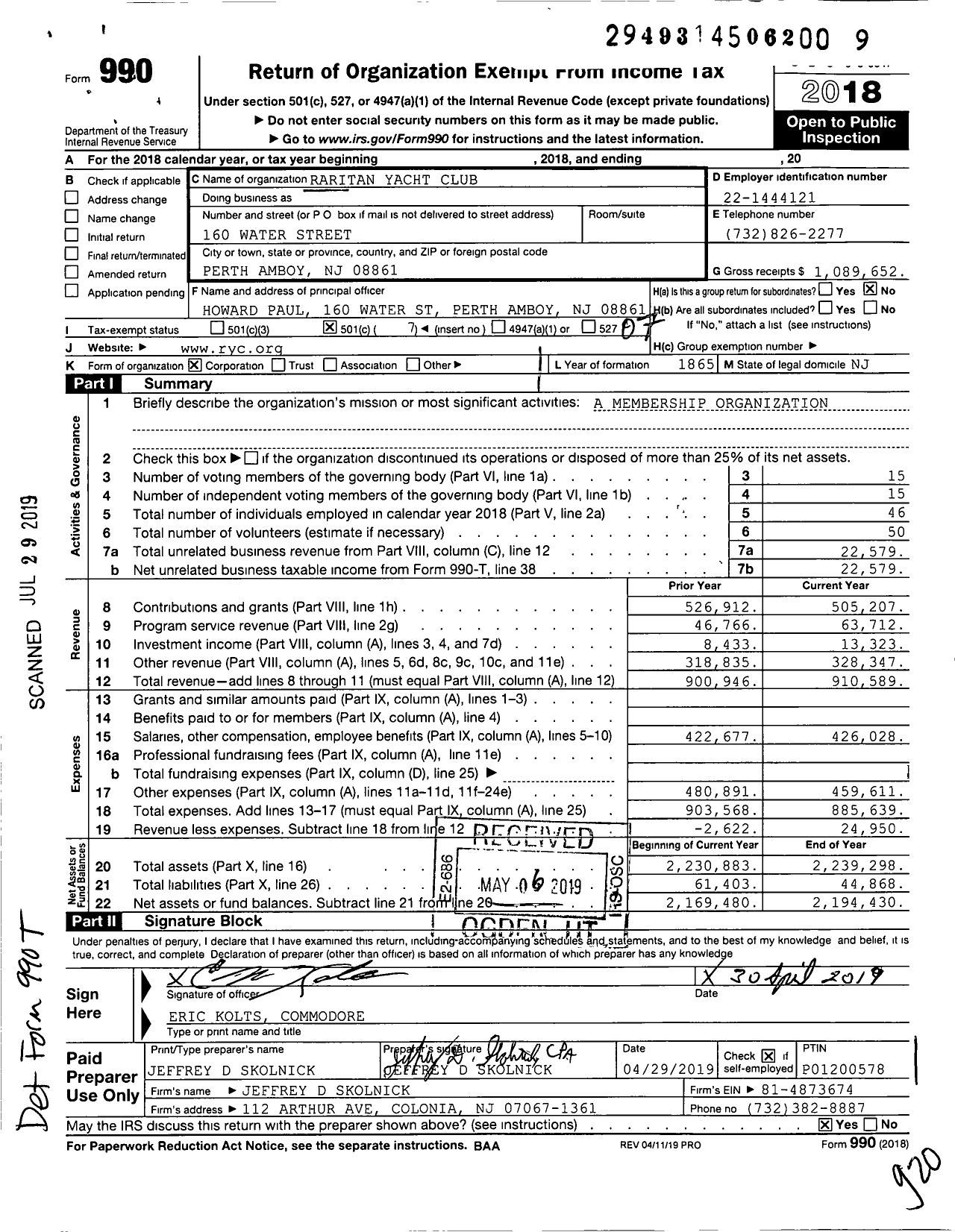 Image of first page of 2018 Form 990O for Raritan Yacht Club