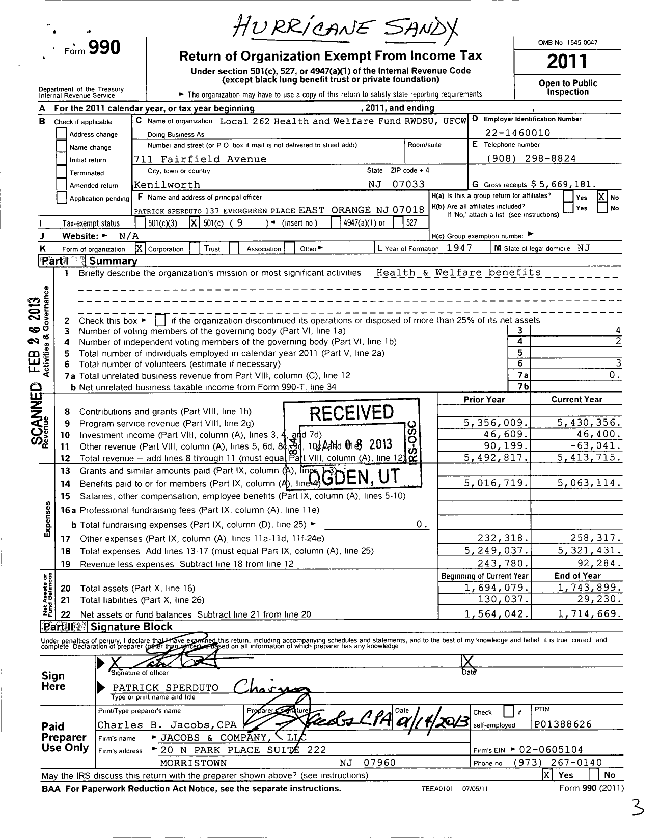 Image of first page of 2011 Form 990O for Local 262 Health & Welfare Fund RWDSU UFCW