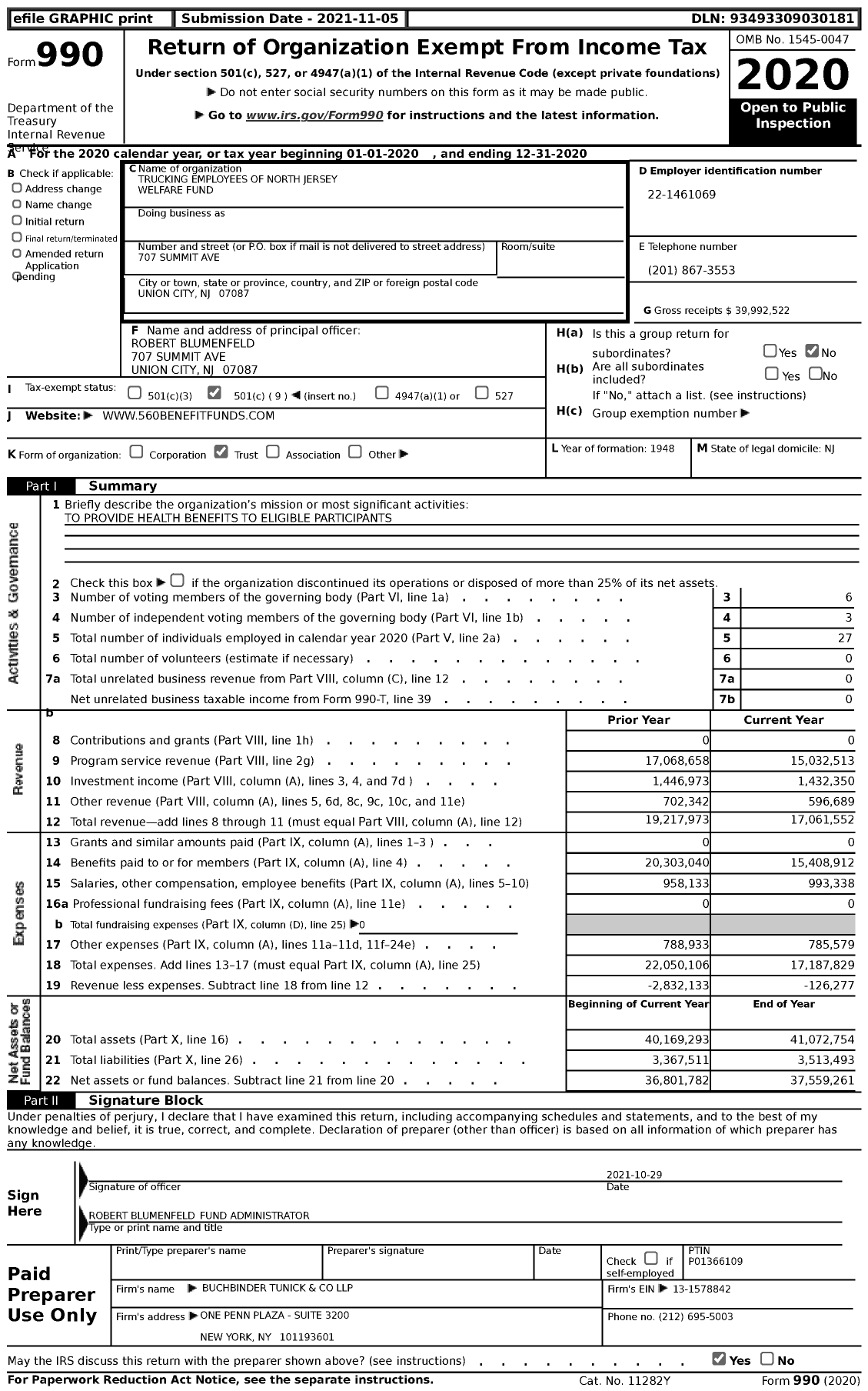 Image of first page of 2020 Form 990 for Trucking Employees of North Jersey Welfare Fund