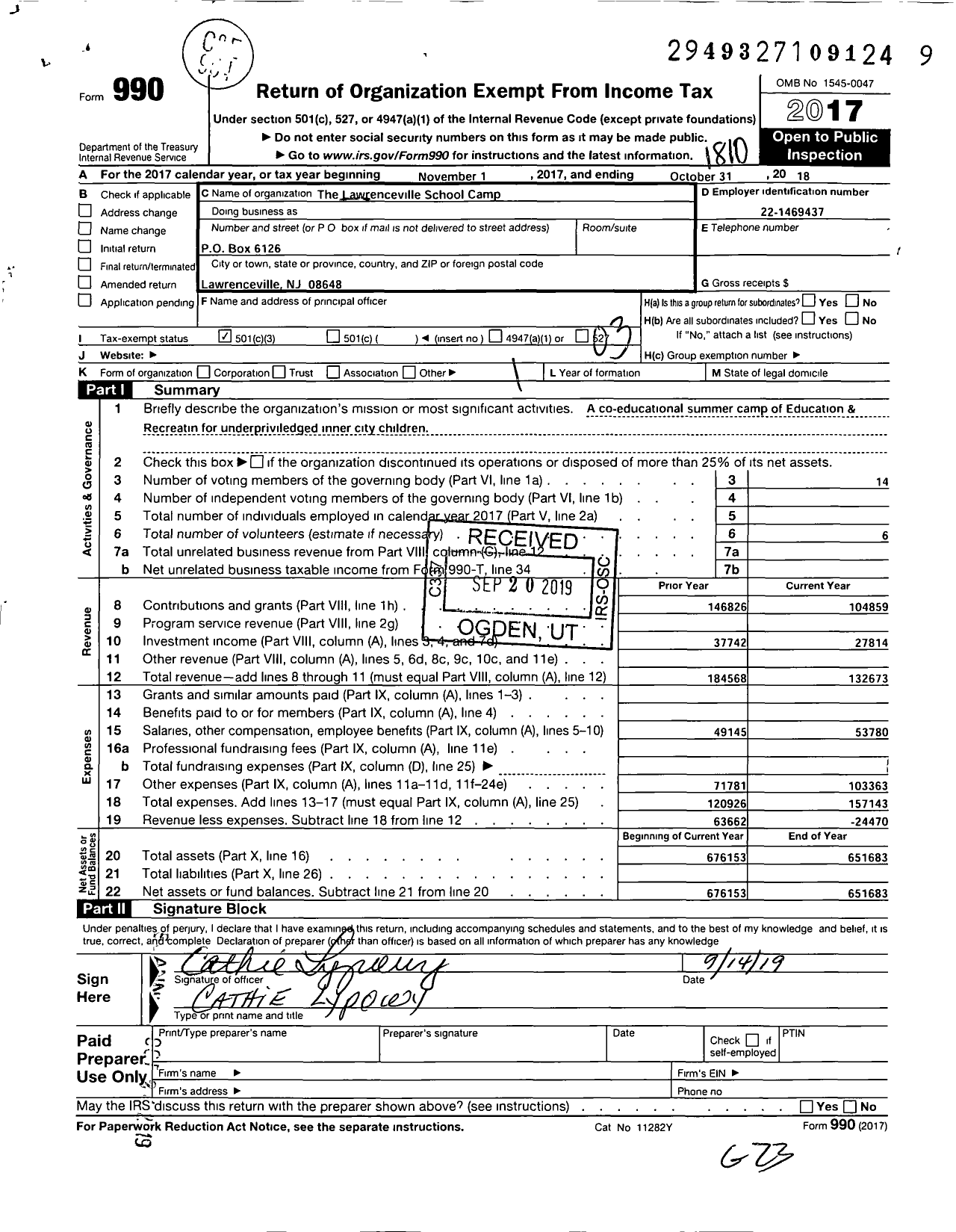 Image of first page of 2017 Form 990 for Lawrenceville School Camp