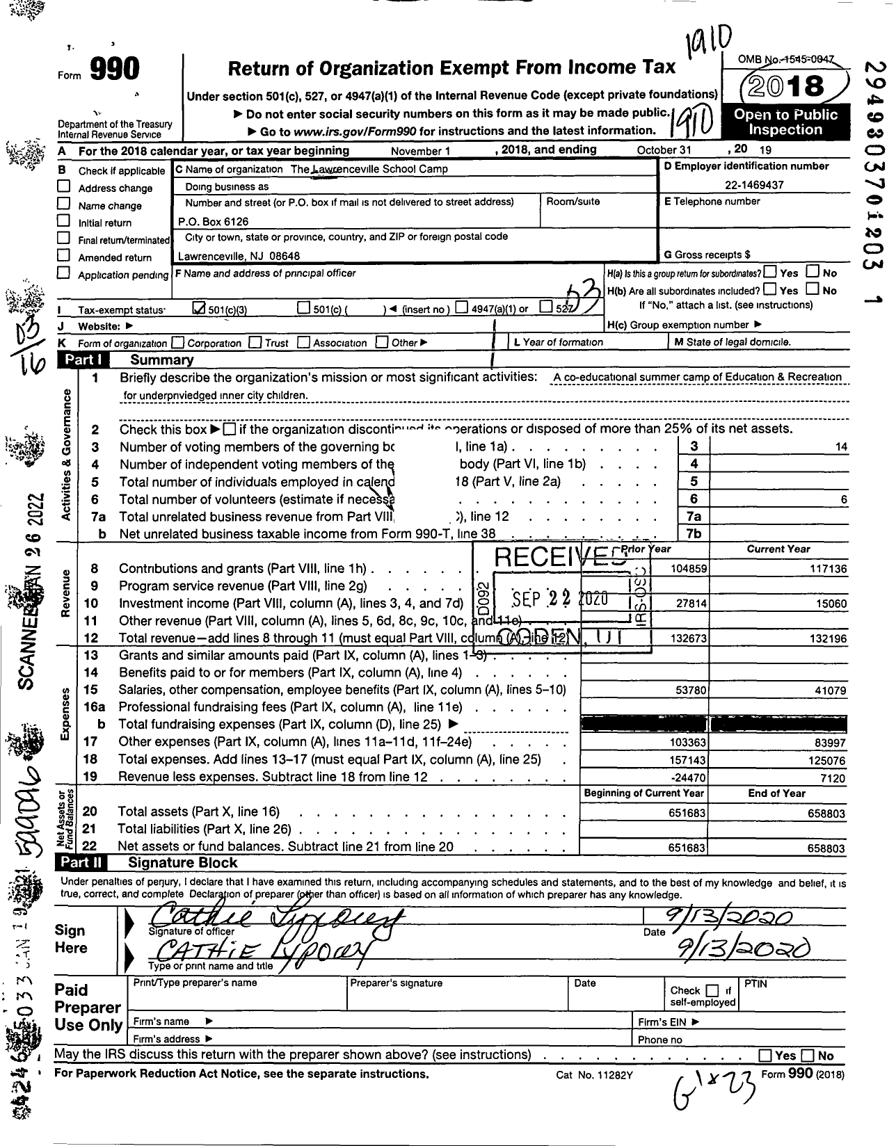 Image of first page of 2018 Form 990 for Lawrenceville School Camp