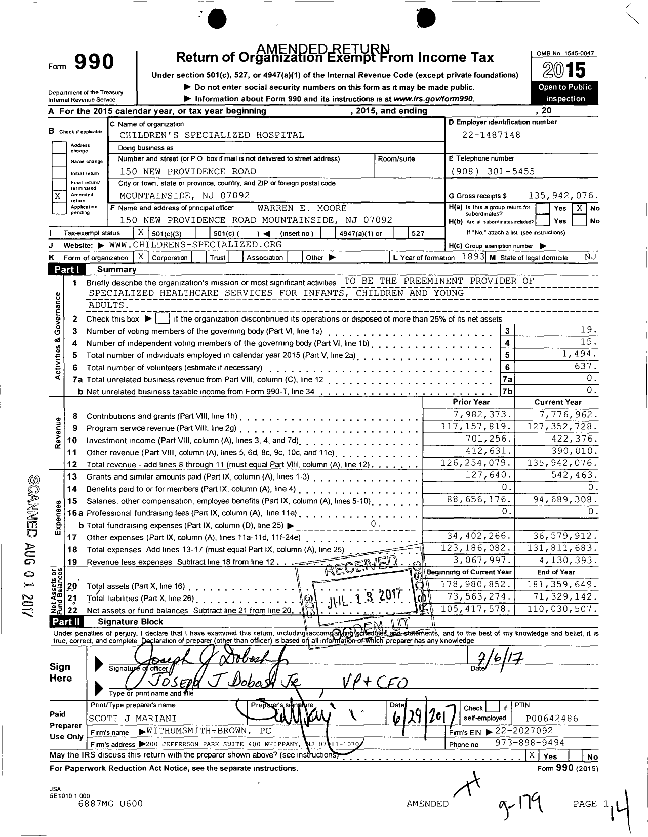 Image of first page of 2015 Form 990 for Children's Specialized Hospital