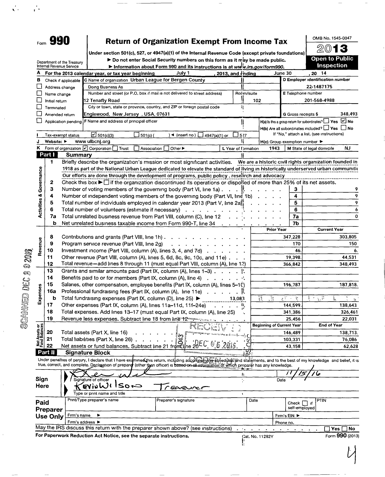 Image of first page of 2013 Form 990 for Urban League for Bergen County