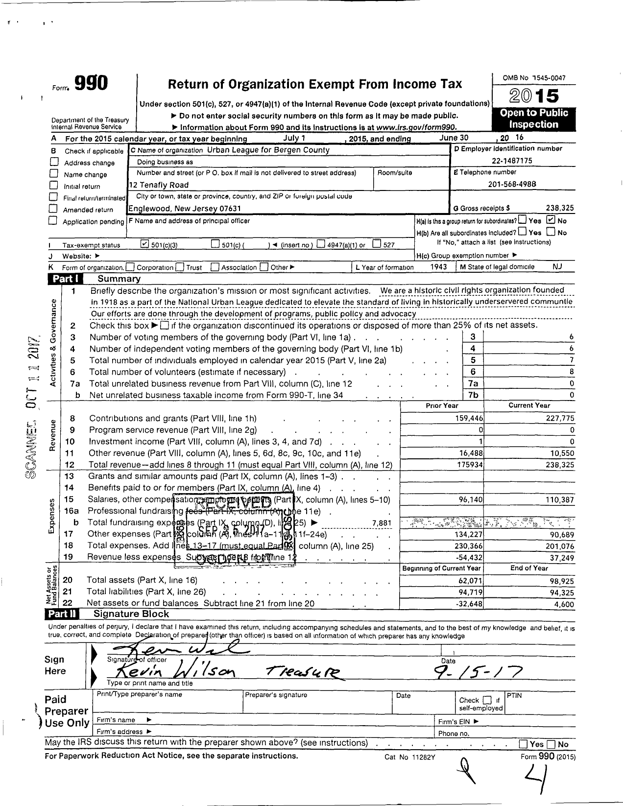 Image of first page of 2015 Form 990 for Urban League for Bergen County