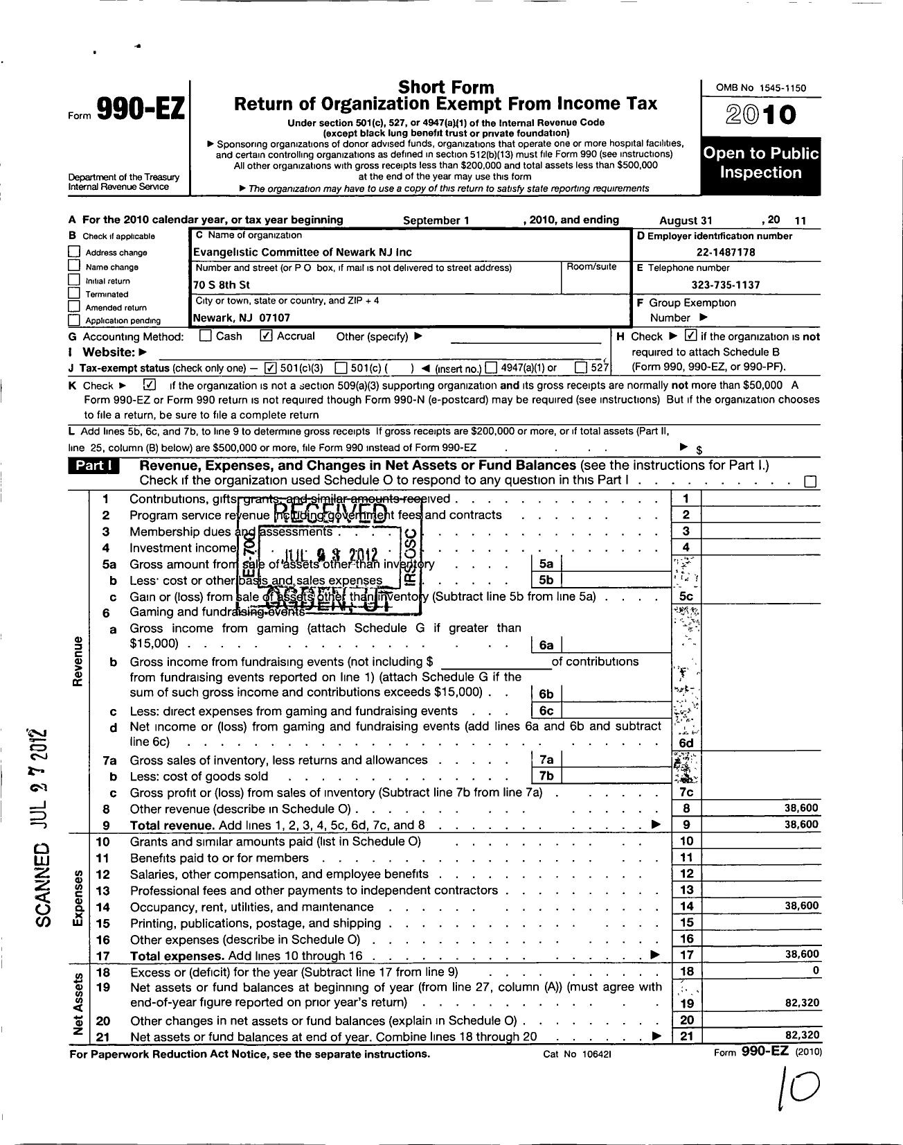 Image of first page of 2010 Form 990EZ for Evangelistic Committee of Newark NJ