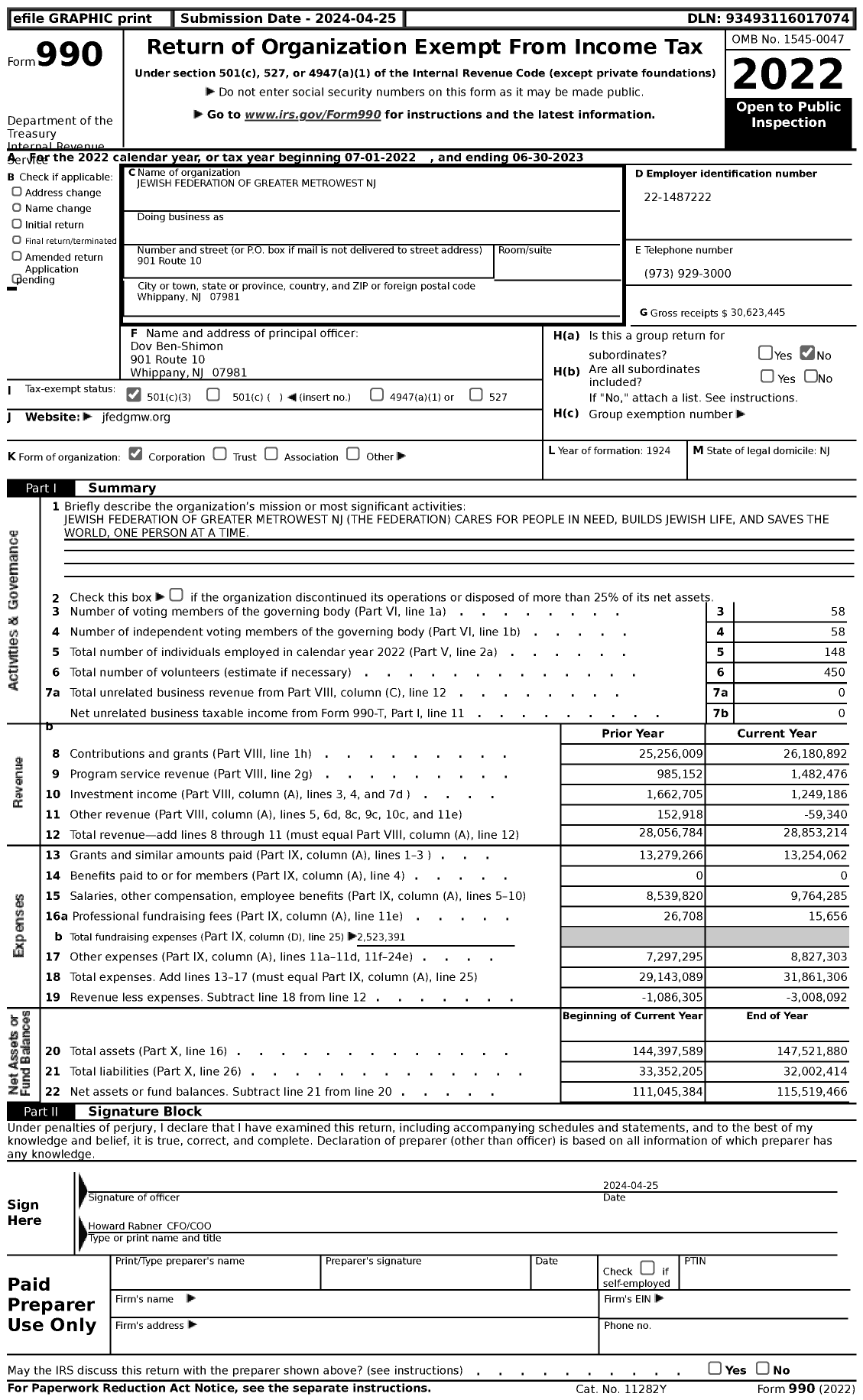 Image of first page of 2022 Form 990 for Jewish Federation of Greater Metrowest NJ