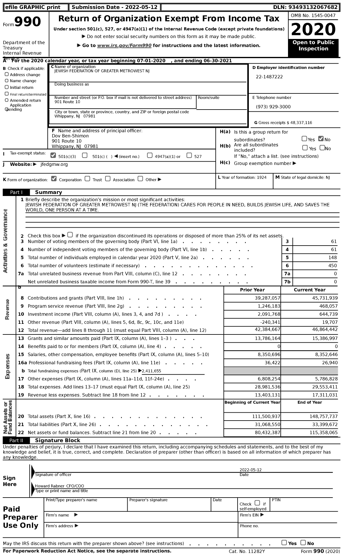 Image of first page of 2020 Form 990 for Jewish Federation of Greater Metrowest NJ