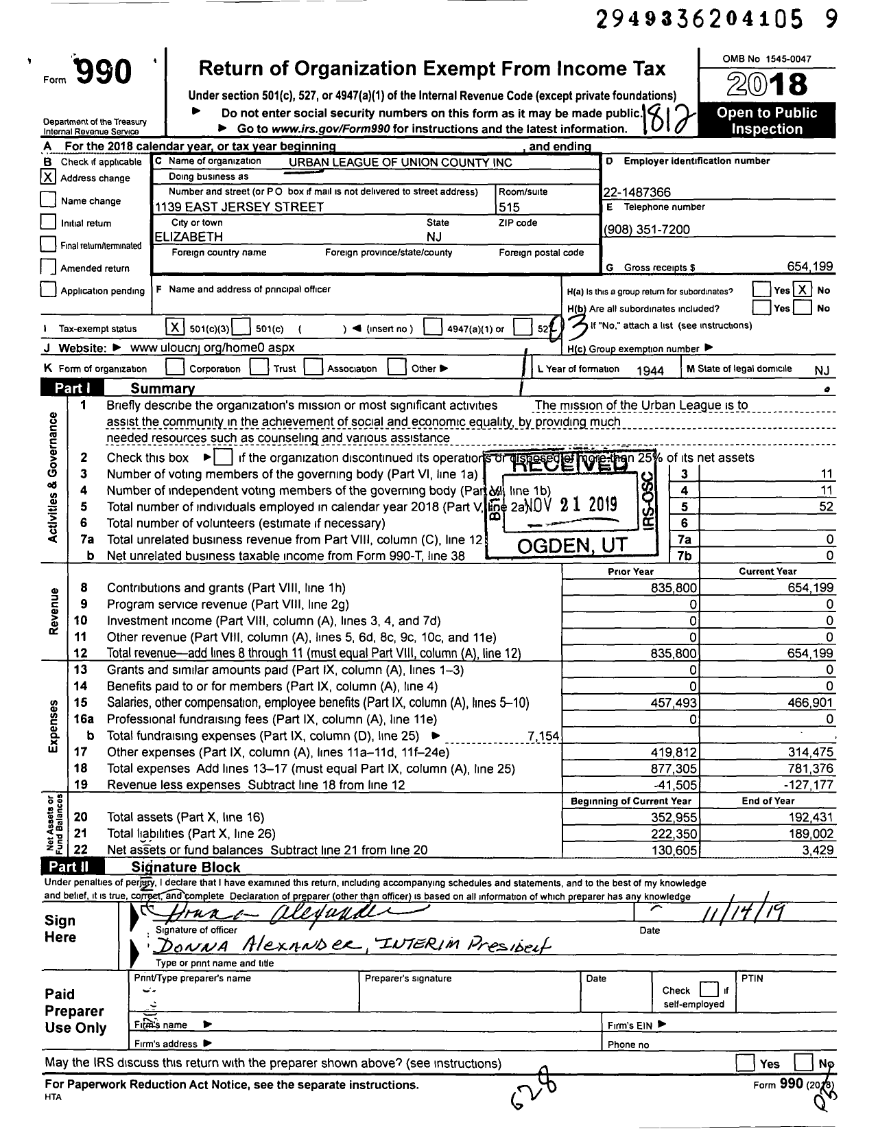 Image of first page of 2018 Form 990 for Urban League of Union County