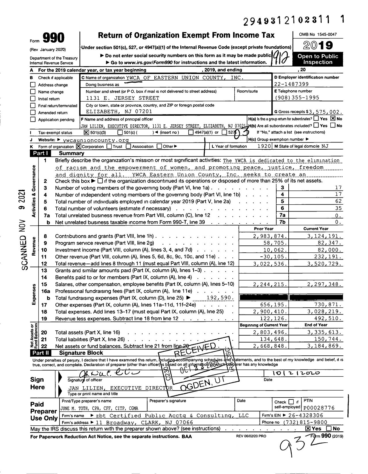 Image of first page of 2019 Form 990 for Ywca of Eastern Union County