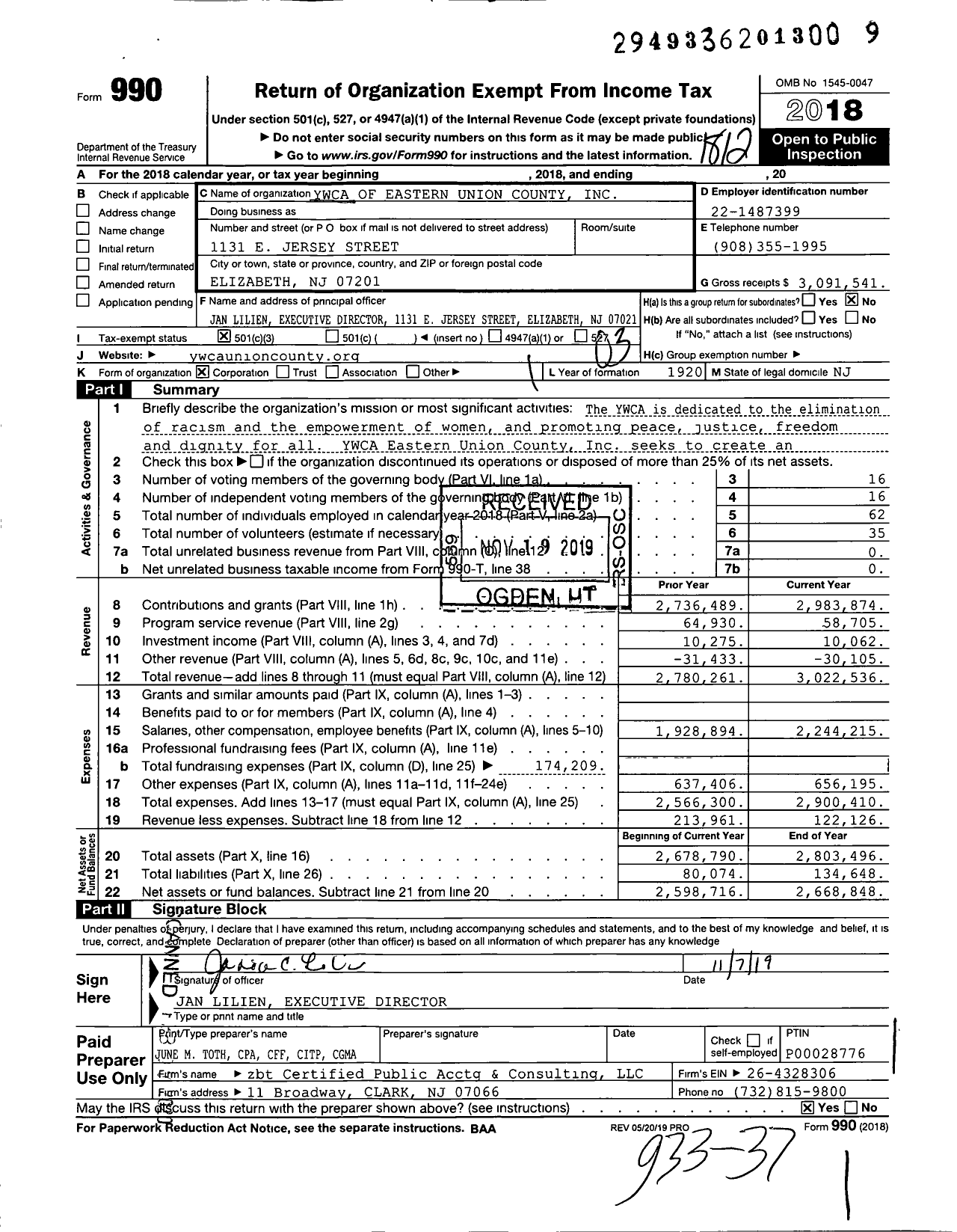 Image of first page of 2018 Form 990 for Ywca of Eastern Union County