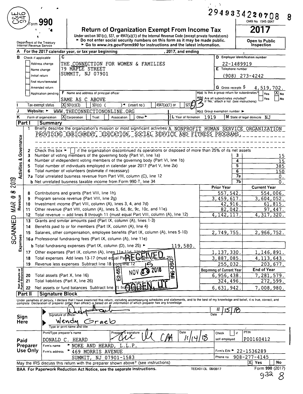 Image of first page of 2017 Form 990 for The Connection For Women & Families