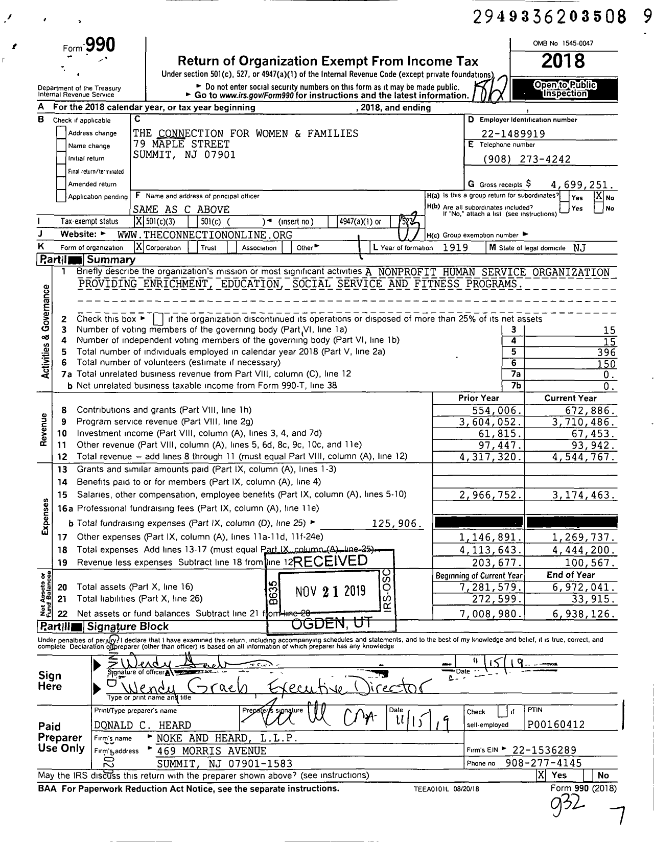 Image of first page of 2018 Form 990 for The Connection For Women & Families