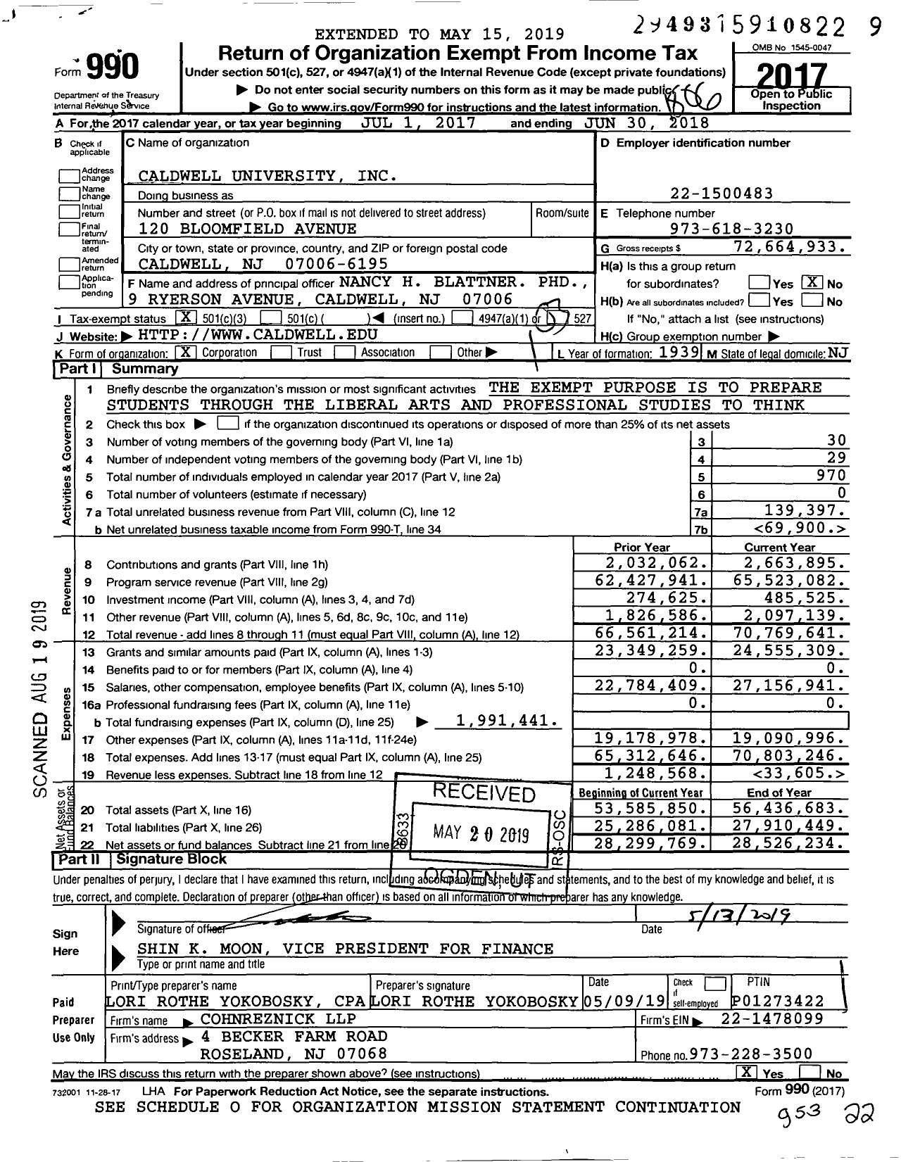 Image of first page of 2017 Form 990 for Caldwell University