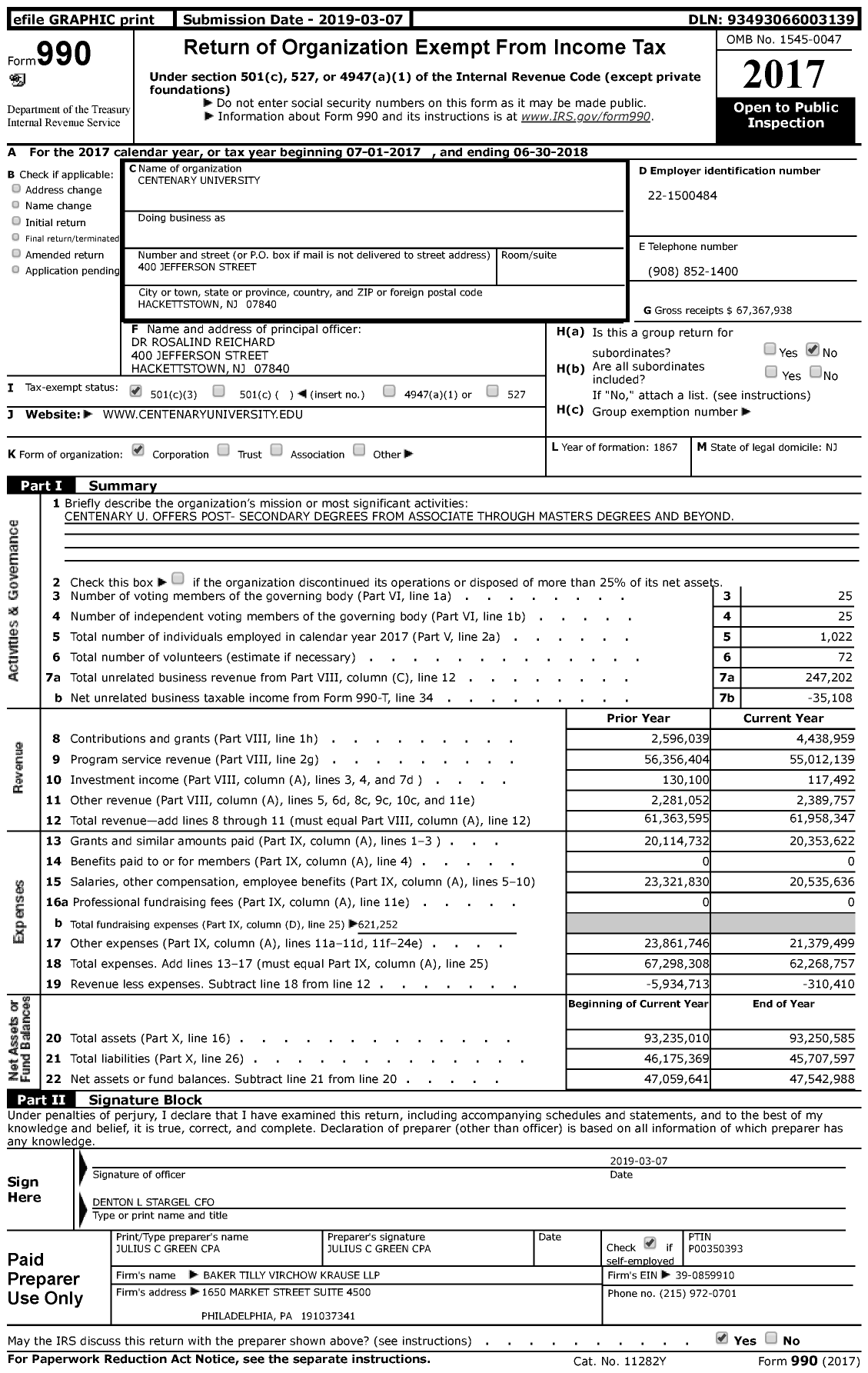 Image of first page of 2017 Form 990 for Centenary University