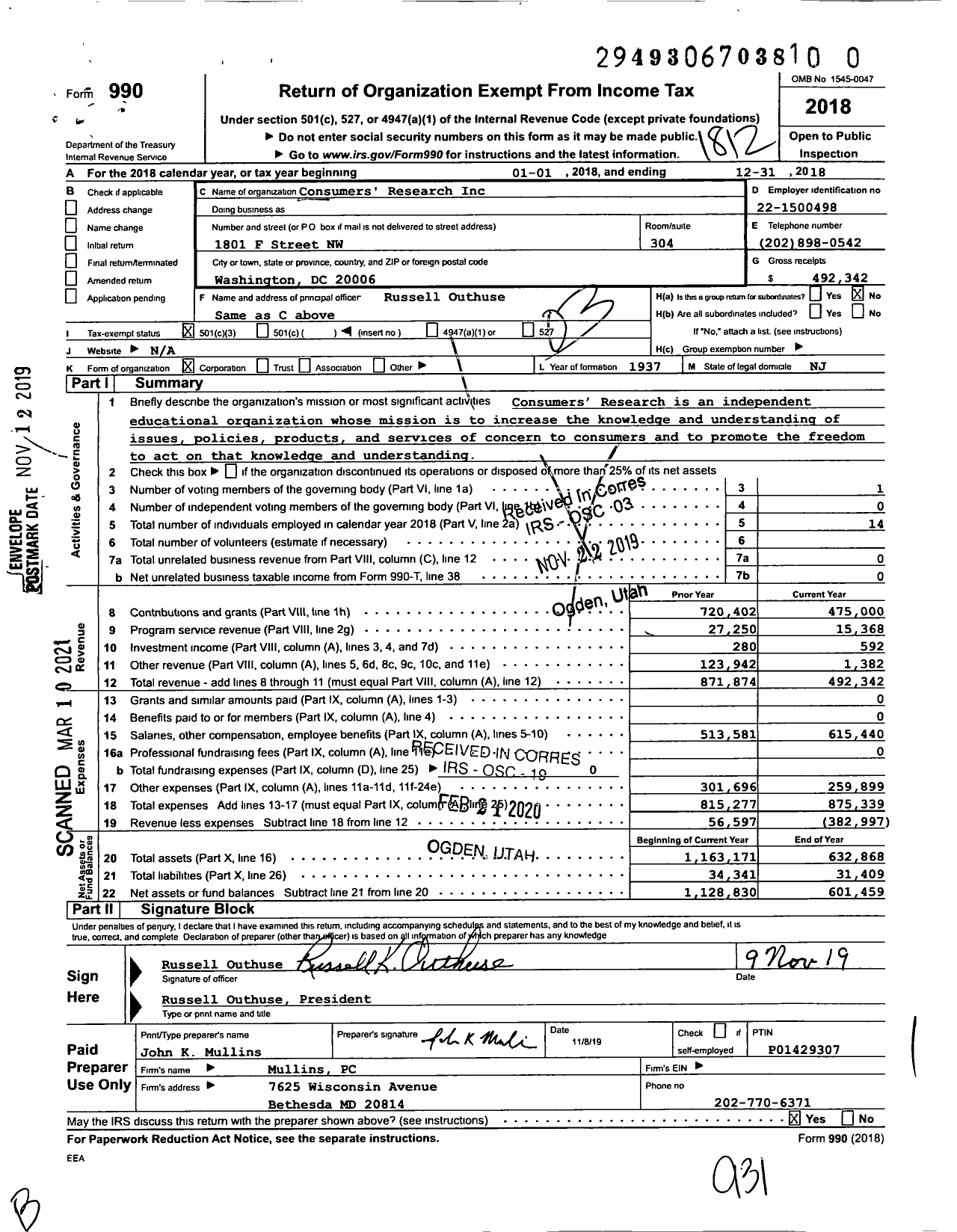 Image of first page of 2018 Form 990 for Consumers Research