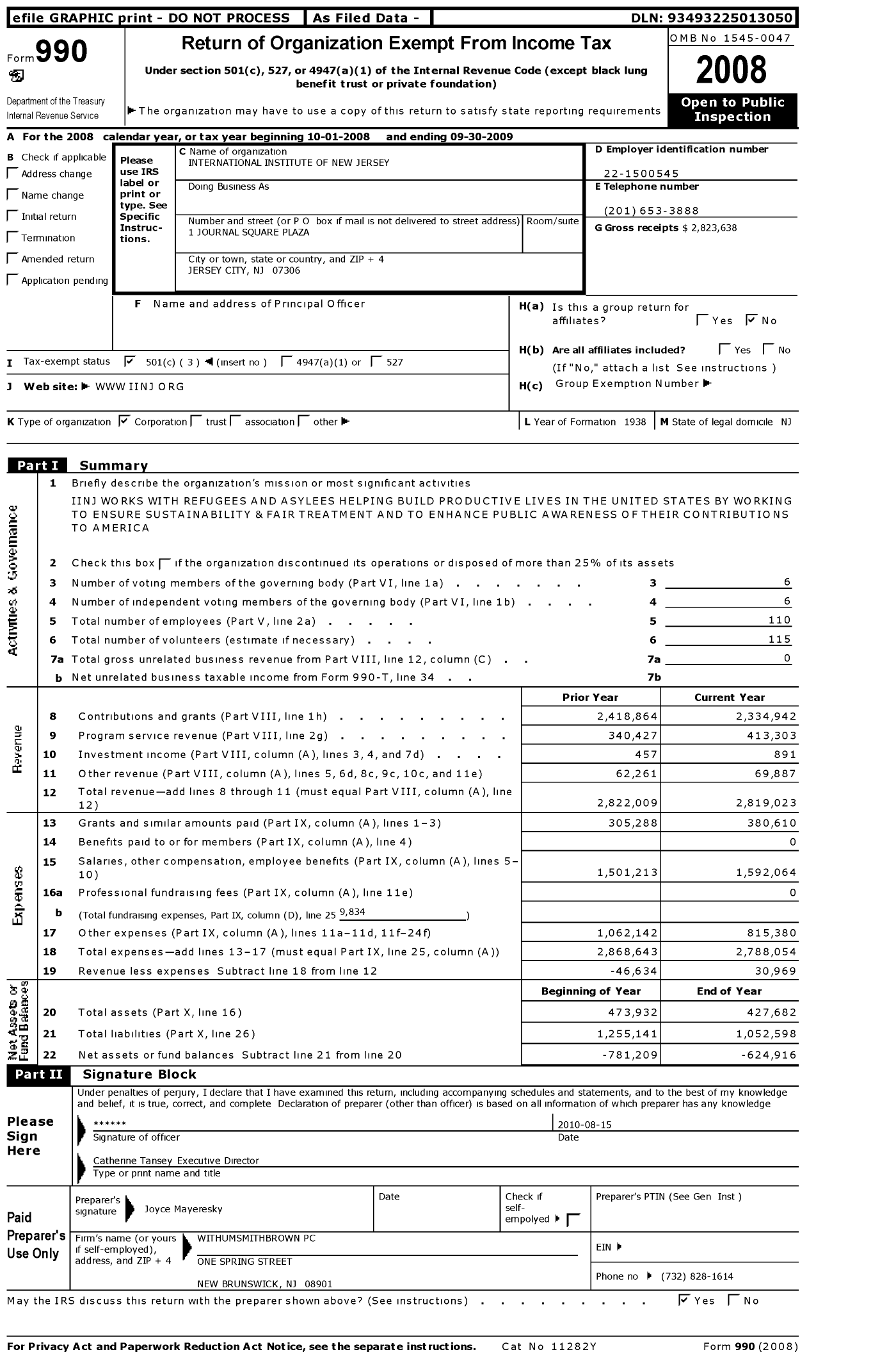 Image of first page of 2008 Form 990 for International Institute of NJ