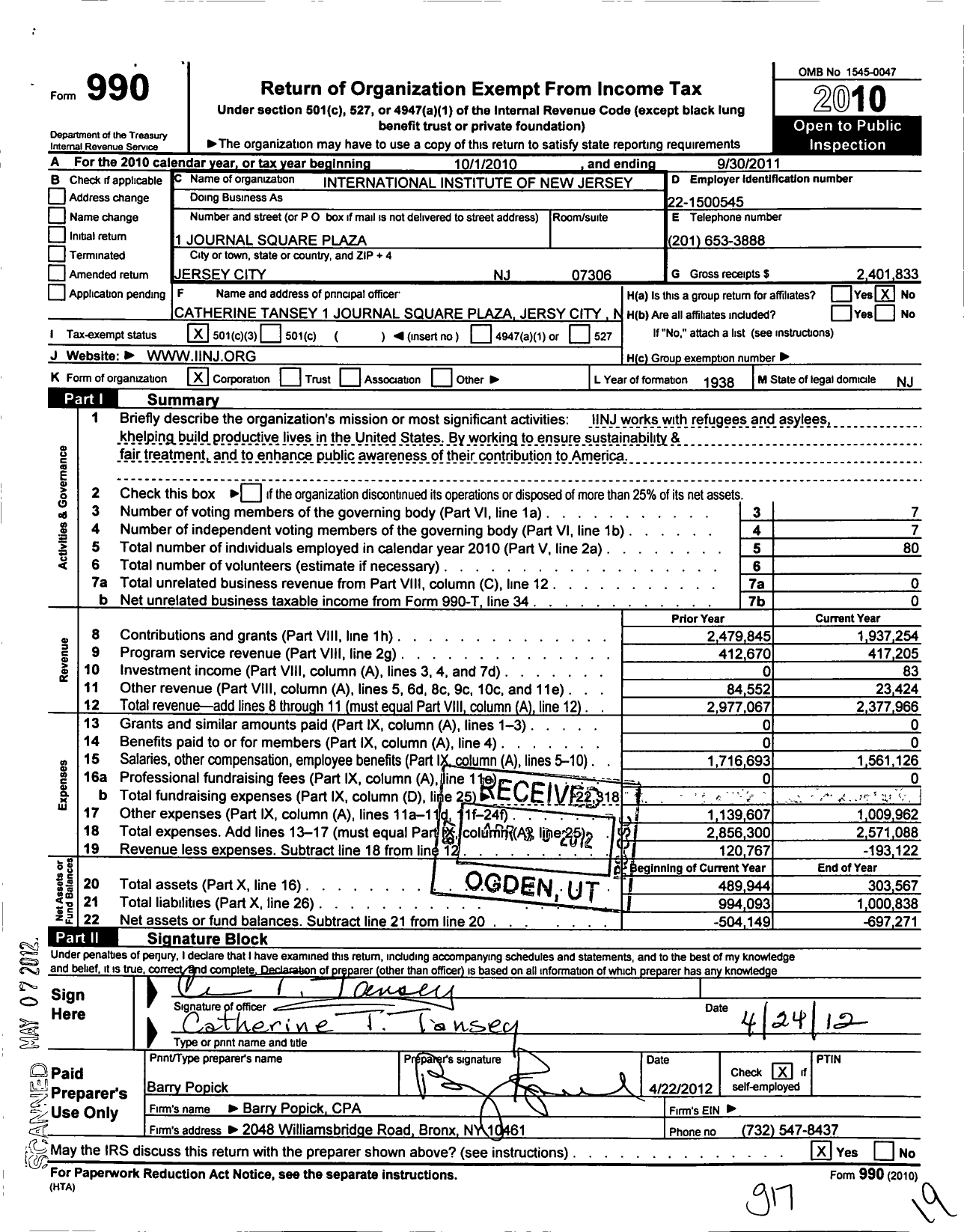 Image of first page of 2010 Form 990 for International Institute of NJ