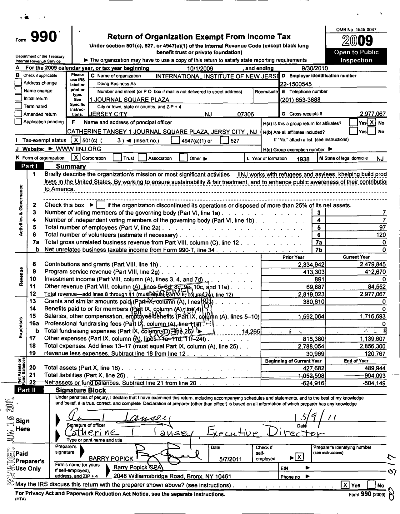 Image of first page of 2010 Form 990 for International Institute of NJ