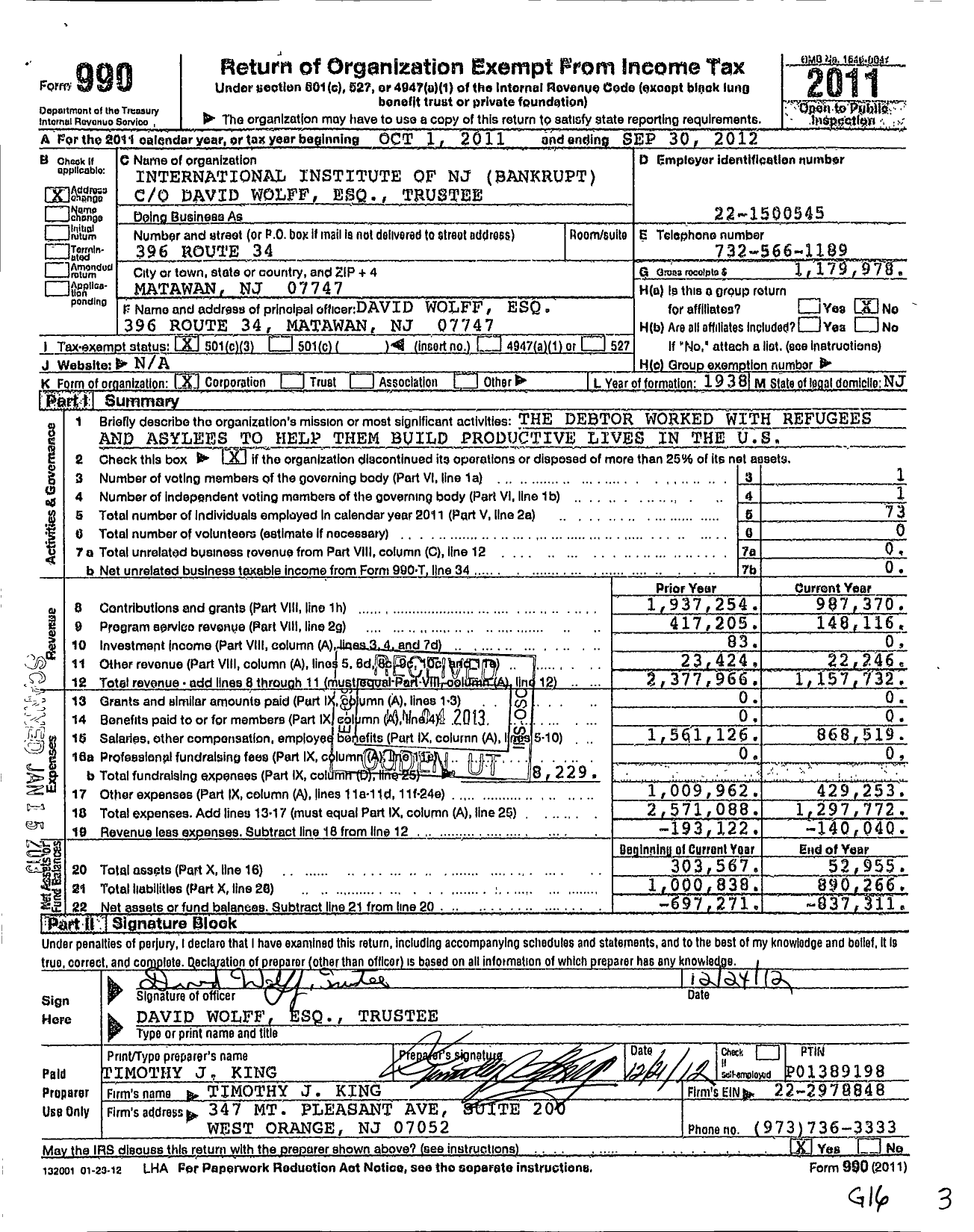 Image of first page of 2011 Form 990 for International Institute of NJ